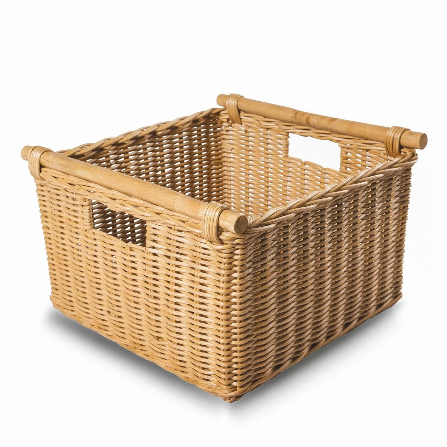 Drevy Deep Pole Handle Wicker Storage Basket, Large, 15 in L x 15.5 in W x 9.5 in H, Sandstone