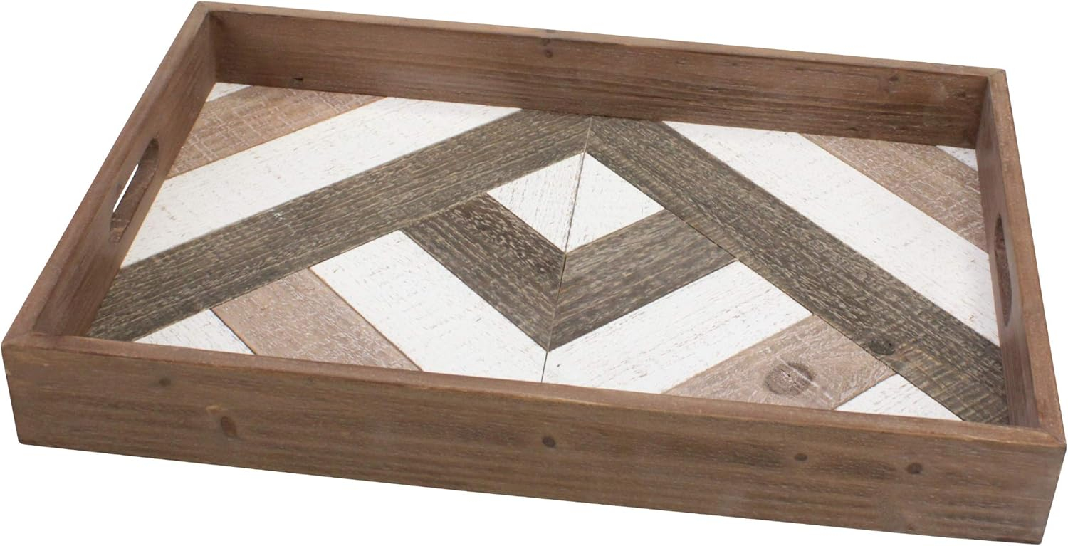 Stonebriar 18.1" x 12.3" Solid Wood Tray with Decorative Geometric Base, Brown