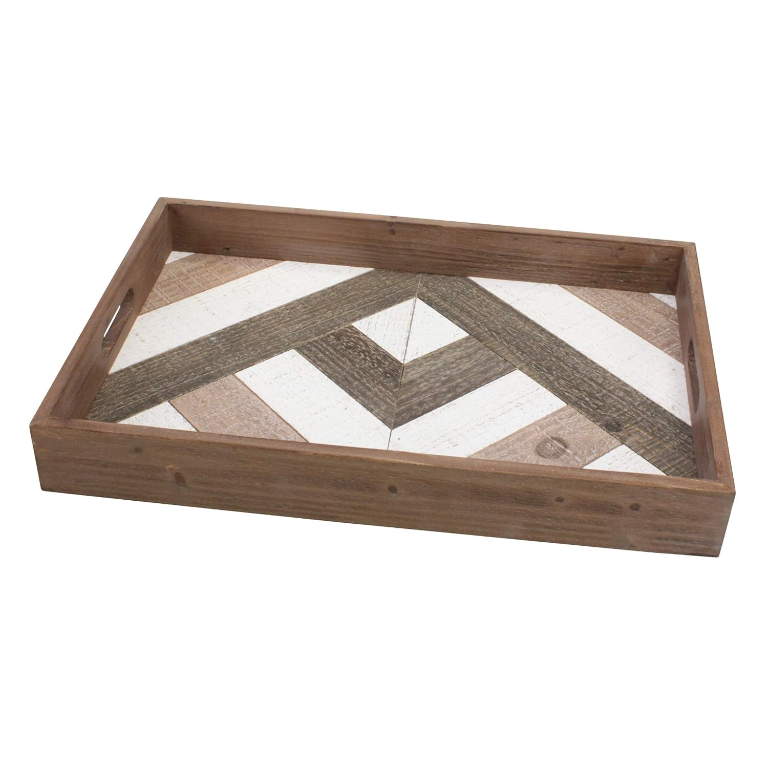 Stonebriar 18.1" x 12.3" Solid Wood Tray with Decorative Geometric Base, Brown