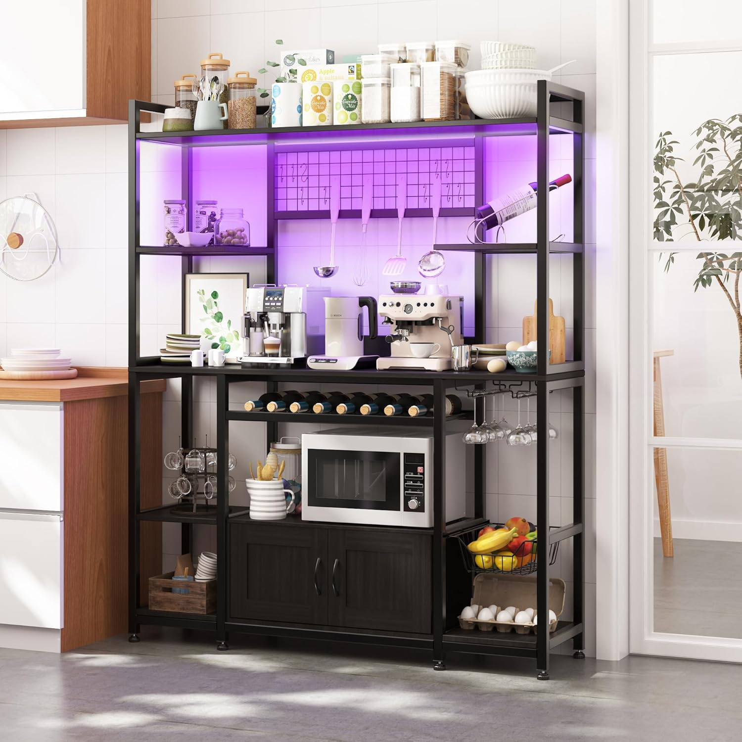 Ataucjin 55" 5-Tier Bakers Rack With Power Outlet And LED Light Kitchen Microwave Stand Farmhouse Coffee Bar Cabinet With Storage Shelf 10 Hooks Wire Basket Wine Rack For Spices Pots Pans