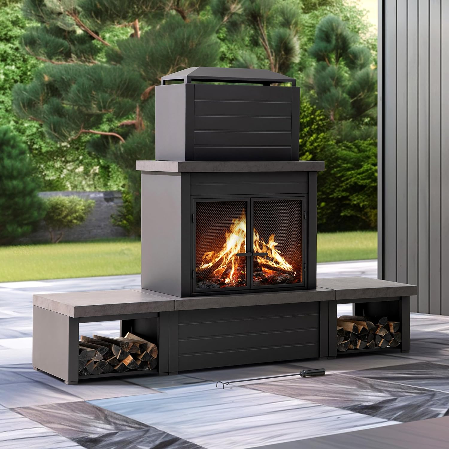 Matte Black Steel Wood-Burning Outdoor Fireplace with Chimney