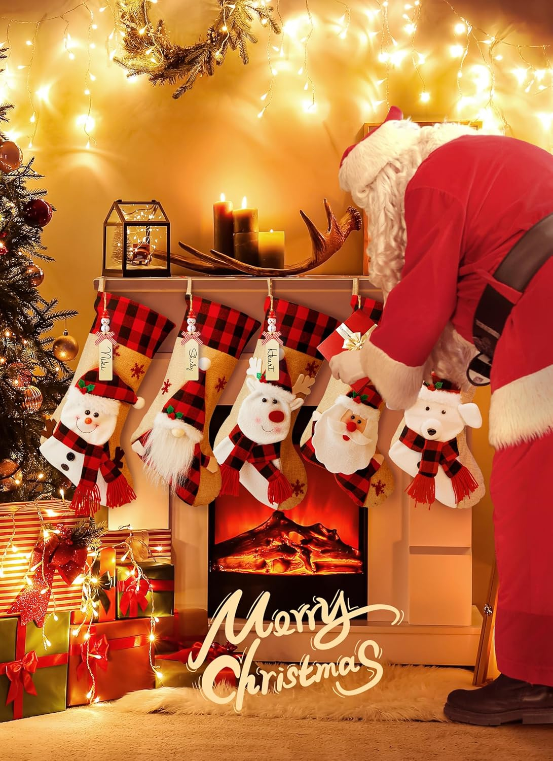 Christmas Stockings with Personalized Name Tag, 4 Pack 18" Christmas Stocking Snowman Deer Santa Gnome Burlap Plaid Xmas Stocking Holiday Christmas Decoration Gifts for Family