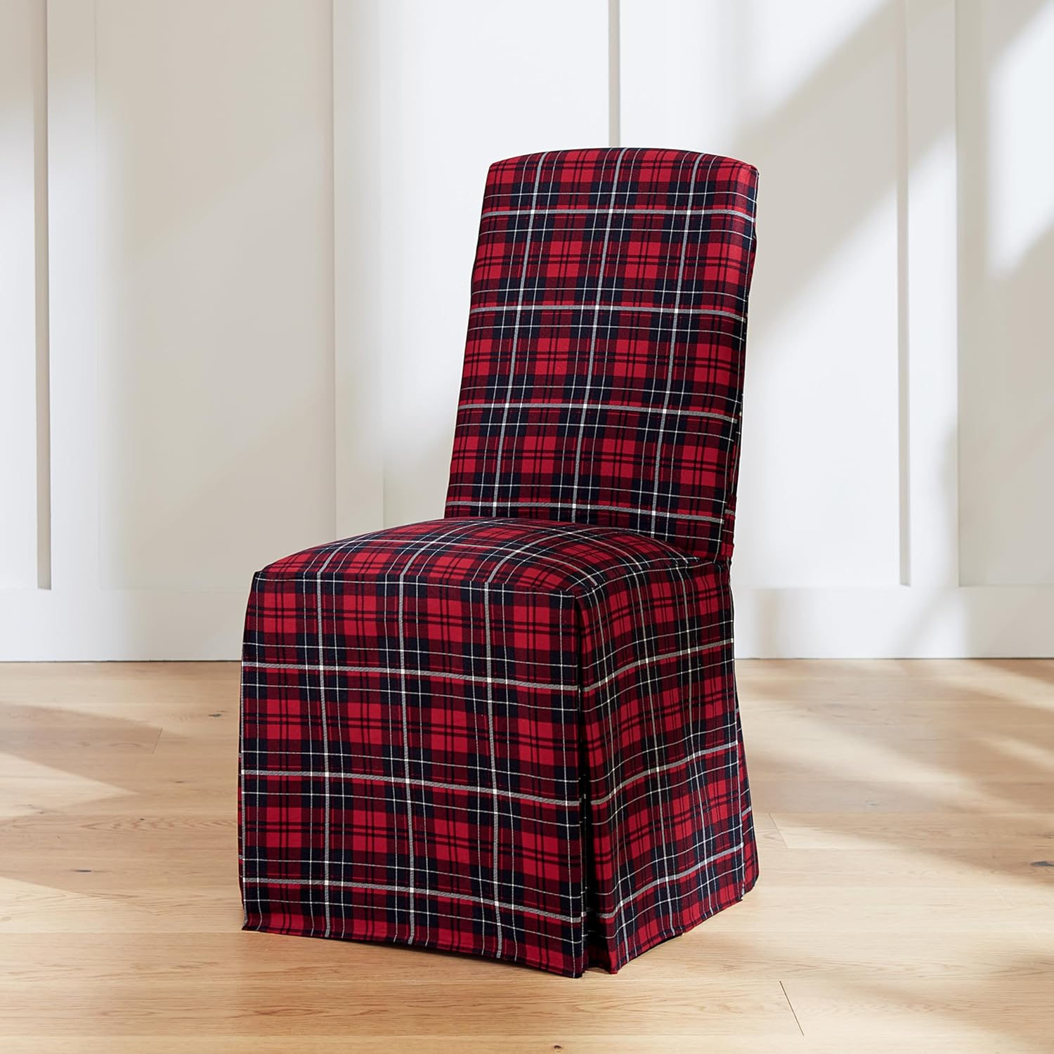 Red Plaid Cotton Canvas Long Dining Chair Slipcovers, Set of 2
