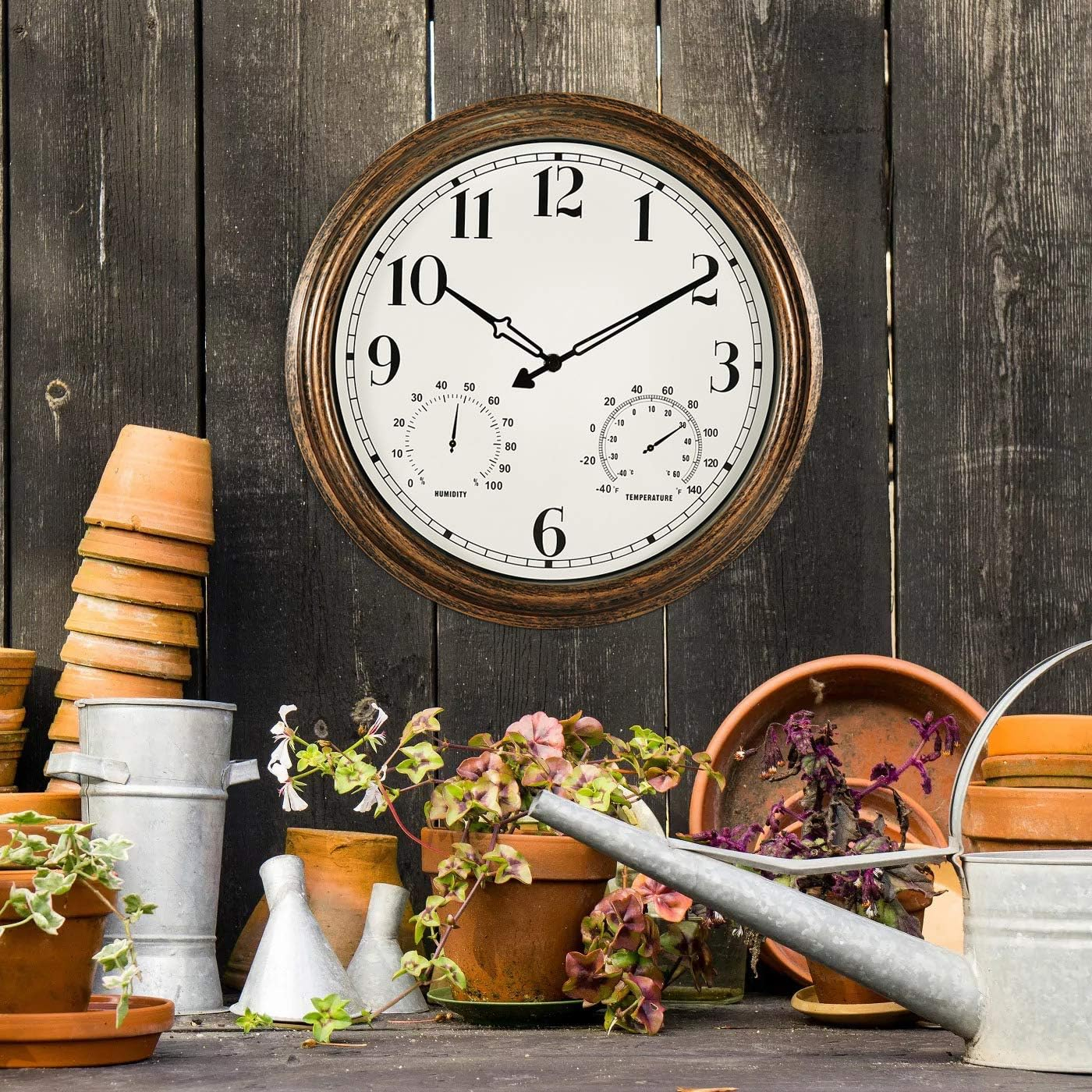 16 Inch Large Outdoor Wall Clock,Waterproof Vintage Non-Ticking Clock with Thermometer and Hygrometer Combo,Battery Operated Clock Wall Decorative- Bronze