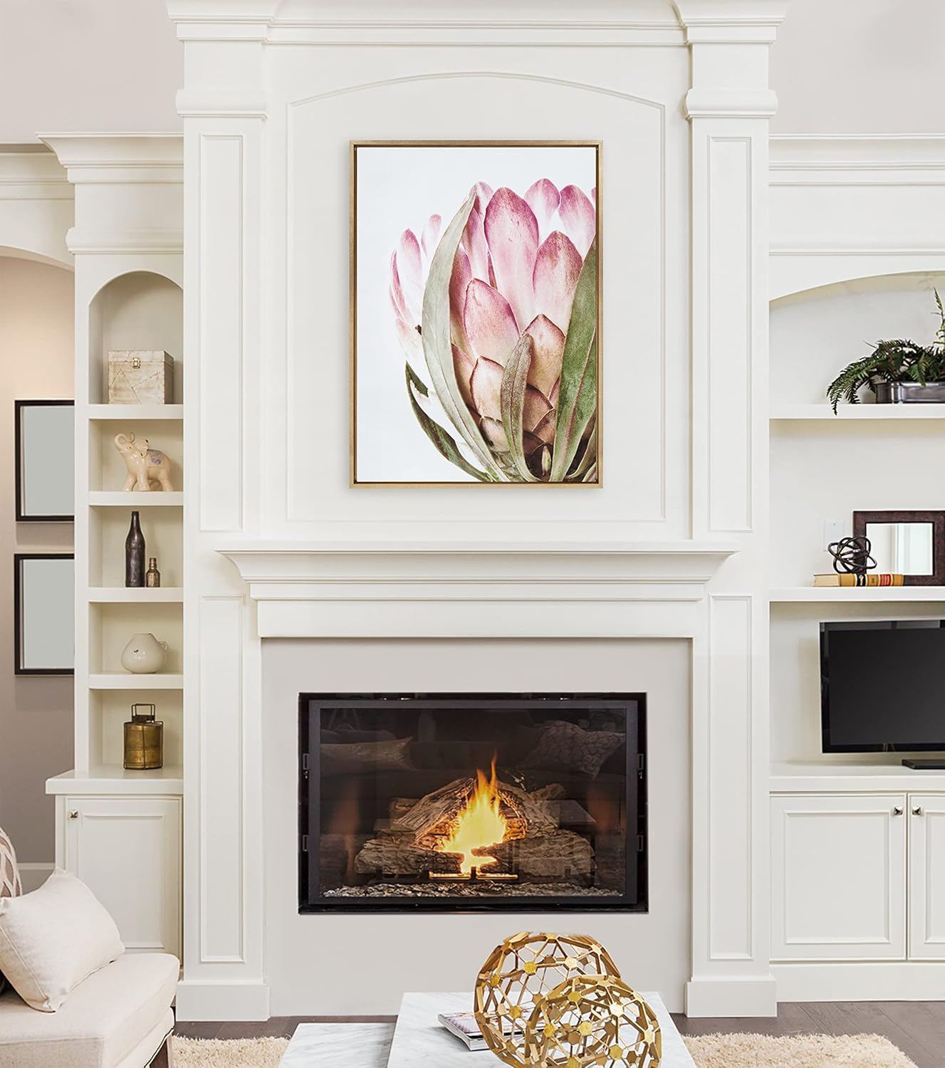 Kate and Laurel Sylvie Pink Protea Flower Framed Canvas Wall Art by Amy Peterson Art Studio, 28 x 38, Gold, Beautiful Wild Flower Art for Wall