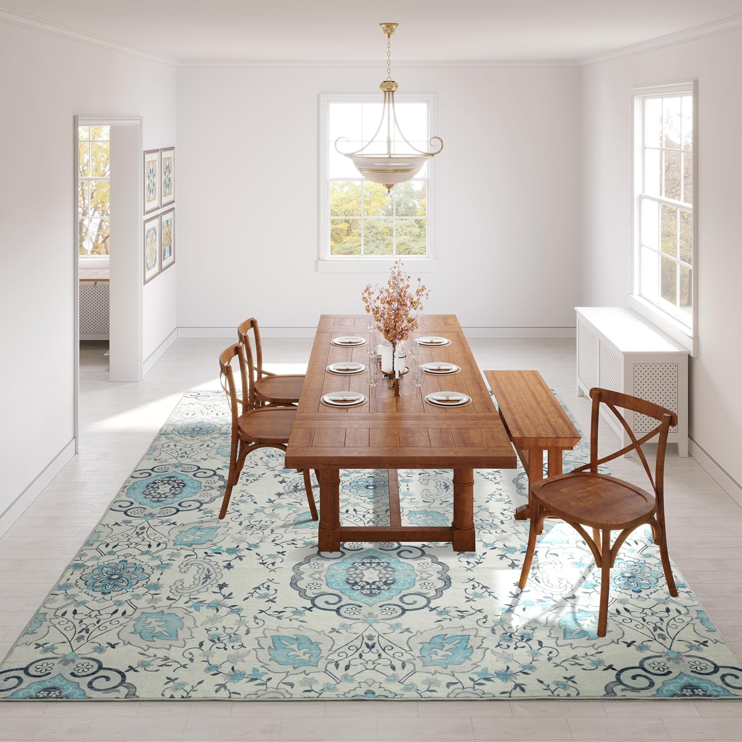 Machine Washable Thin Area Rug - Oriental Vintage Rust Red Kitchen, Bedroom, Hallway, Bathroom, and Entryway 3x5 Rugs - Stain and Water-Resistant - Non-Slip - Pet and Kid Friendly