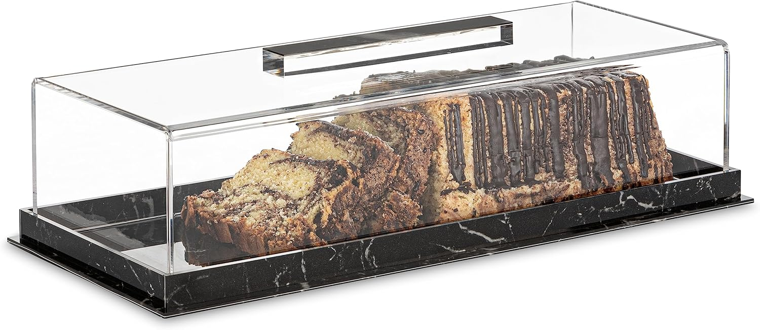 Rectangular Cake Tray, Cake Plate Dish with Lucite Display Cover Lid, Dessert Holder Tray, Cake Stand, Grey Marble Rectangle Cake Platter with Lucite Cover, Pastry Base (Black)