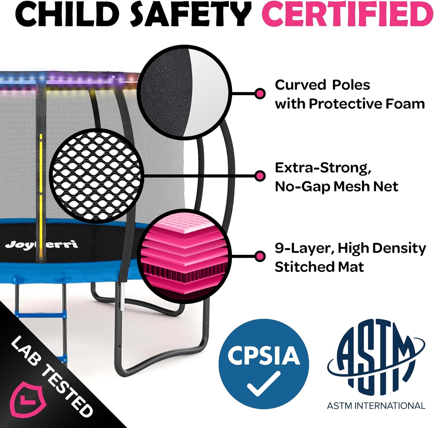 Trampoline Outdoor - ASTM Certified Safe, 8Ft, 10Ft, 12Ft, 14Ft, 15Ft, 16Ft Recreational Trampoline for Kids and Adults. Anti-Rust Coating with Enclosure Net, Ladder, Sprinkler & LED Lights