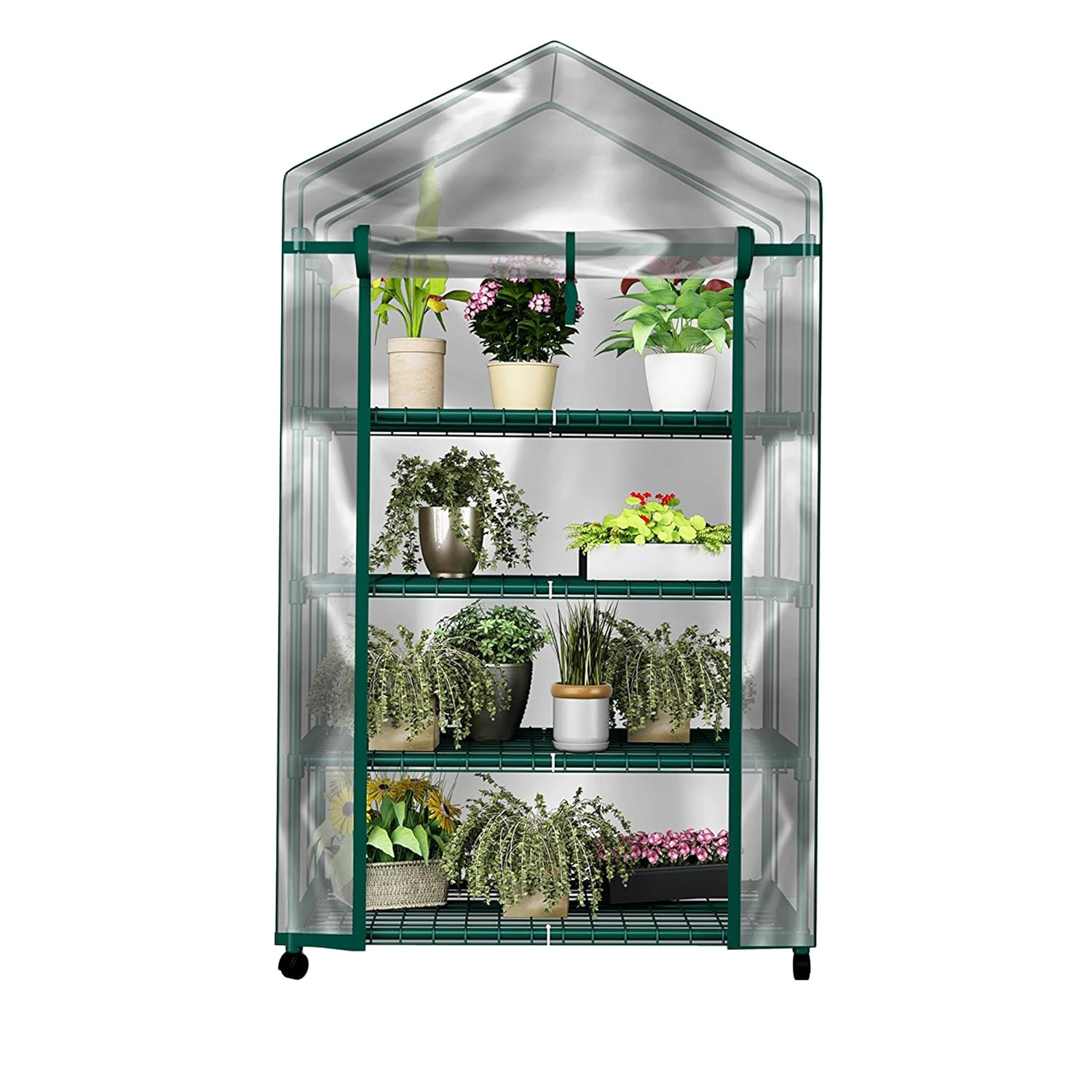 Pure Garden 4-Tier Greenhouse with Wheels – Indoor/Outdoor Plant Stand with PVC Cover & Shelves