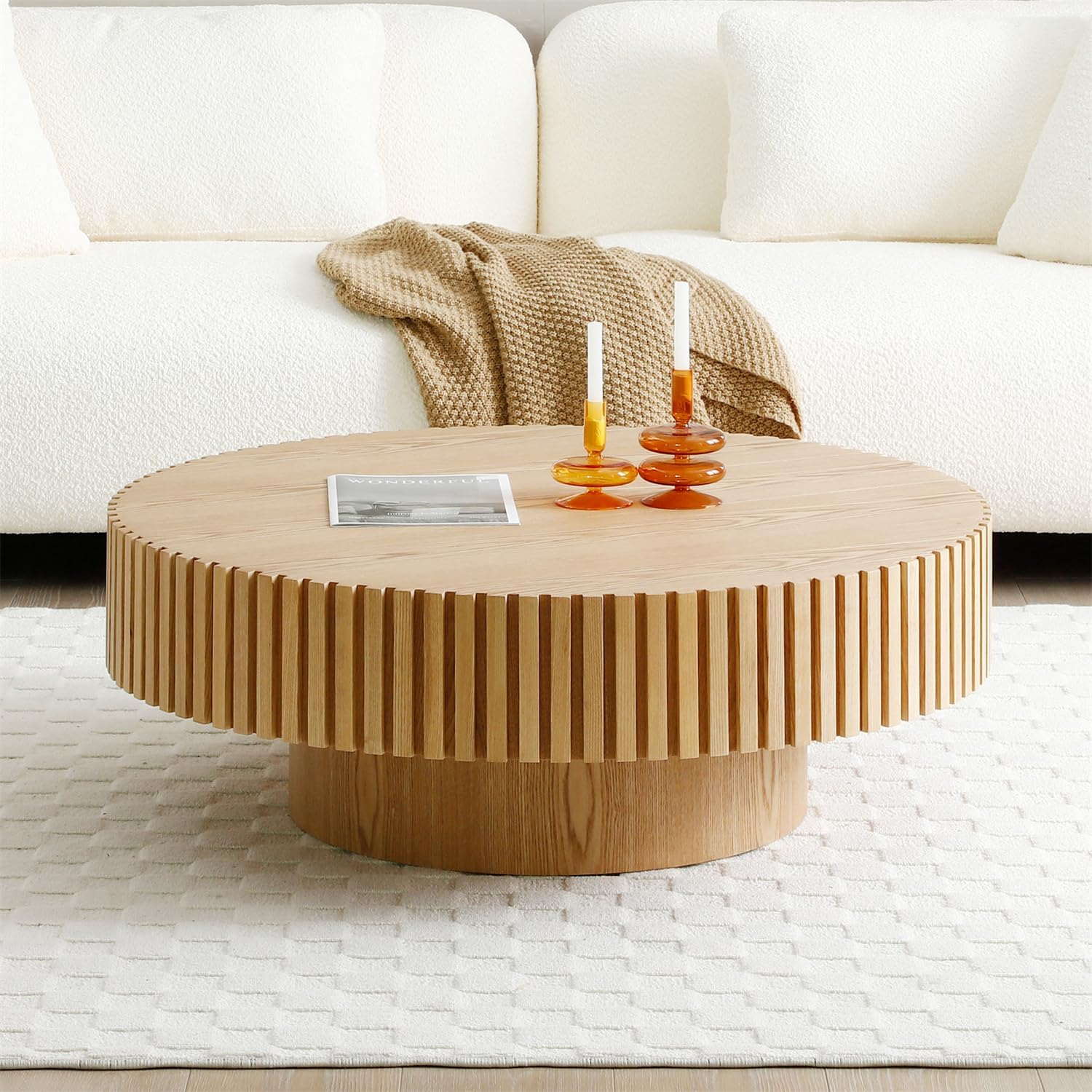 Round Coffee Table, 31.49" Modern Handcraft Relief Drum Circle Wood Table Side End Accent Center Table for Living Room, Small Space, Apartment, Natural Ash