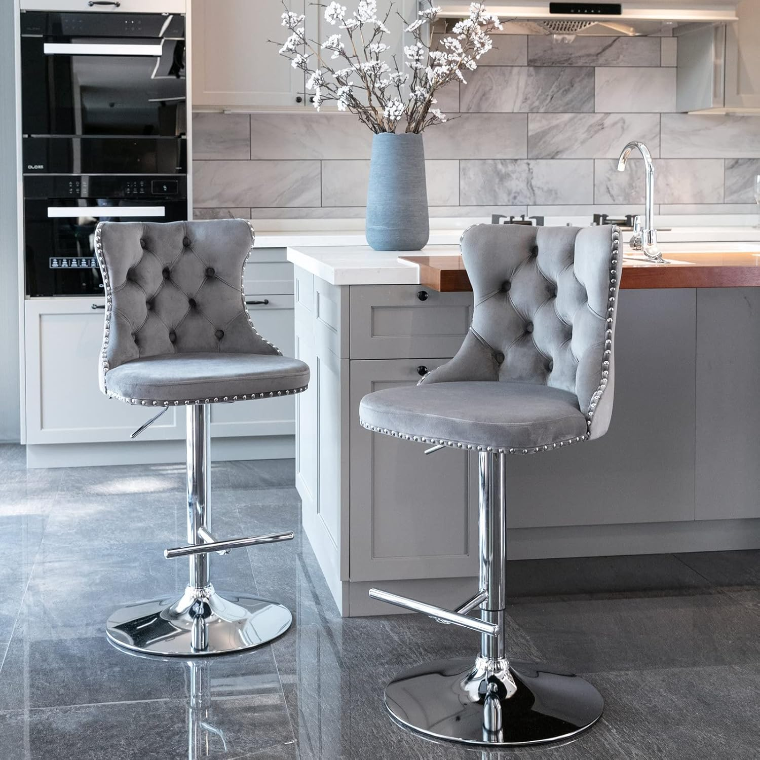 Swivel Bar Stools Set of 2, Adjustable Velvet Counter Height Barstools for Kitchen Island Dining Room, Modern Bar Chairs with Back, Nailheads Trim, Button Tufted