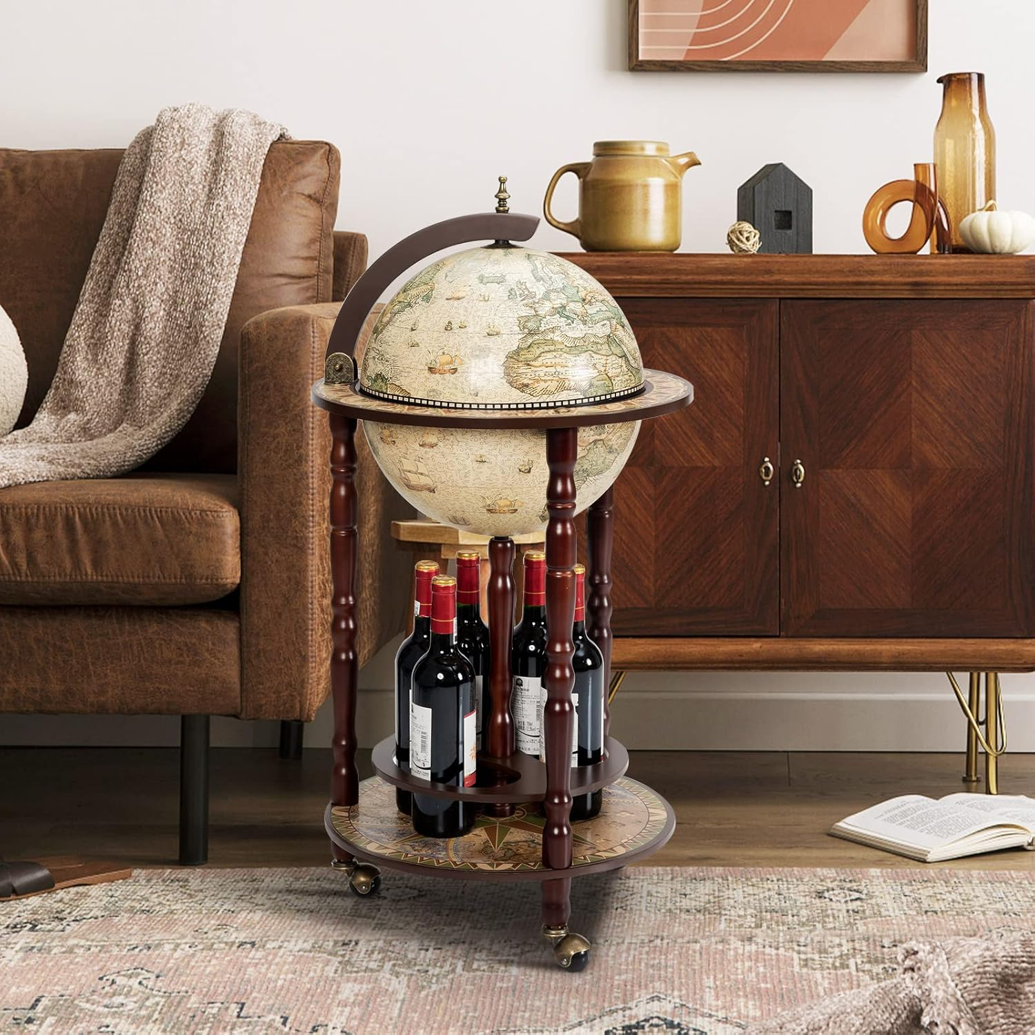 Giantex 17" Wine Bar Stand Cart, 16th Century Italian Replica Storage Shelf w/Wheels, Compact Wine Liquor Bottle Organizer