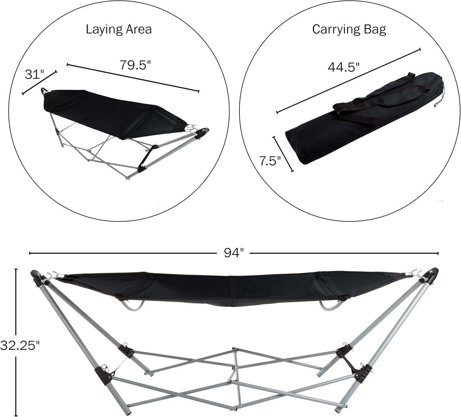 Portable Hammock with Stand - Folds and Fits into Included Carry Bag for Easy Travel- Perfect for Backyard Pool Beach Hiking by Lavish Home (Black)