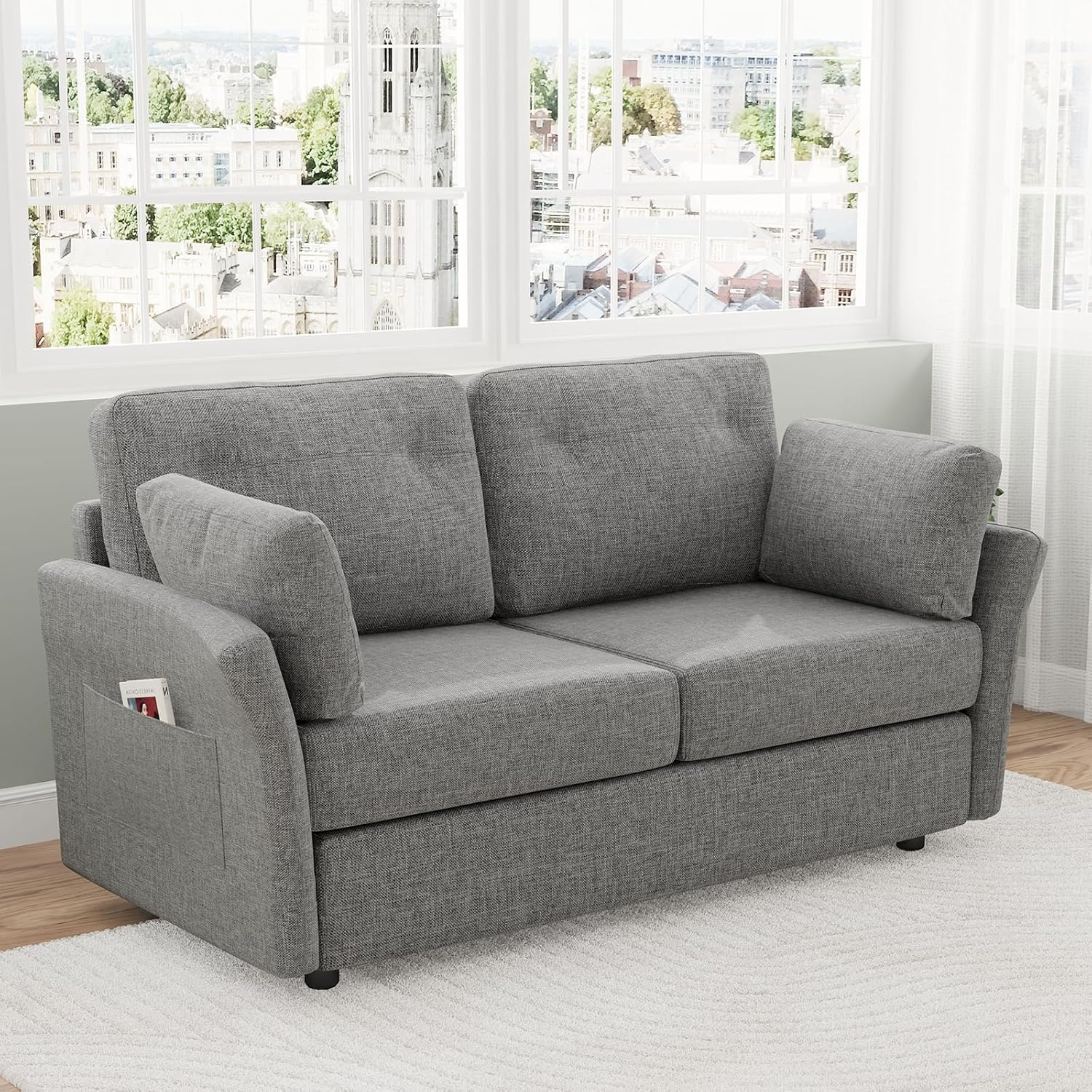 Novilla 57" Loveseat Sofa for Living Room, Linen Fabric Upholstered Small Couch With 2 Bolster Pillows for Apartment, Bedroom, Toolless Assembly, Grey