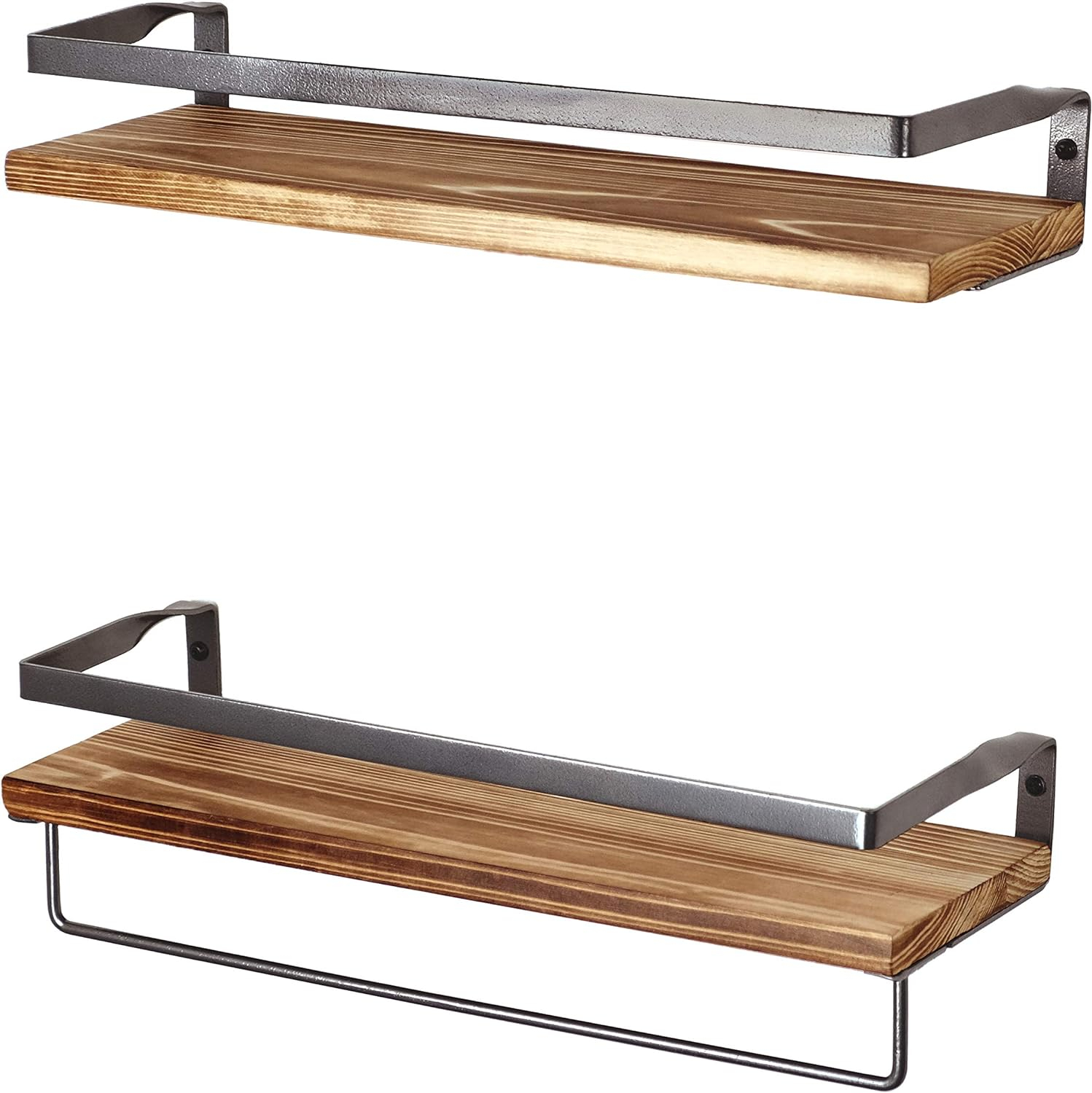 Peter's Goods Rustic Floating Wall Shelves with Rails - Decorative Storage for Kitchen, Bathroom, and Bedroom - Elegant, Modern Shelving - Torched Cedar Wood, Antiqued Black Silver Frame - Set of 2