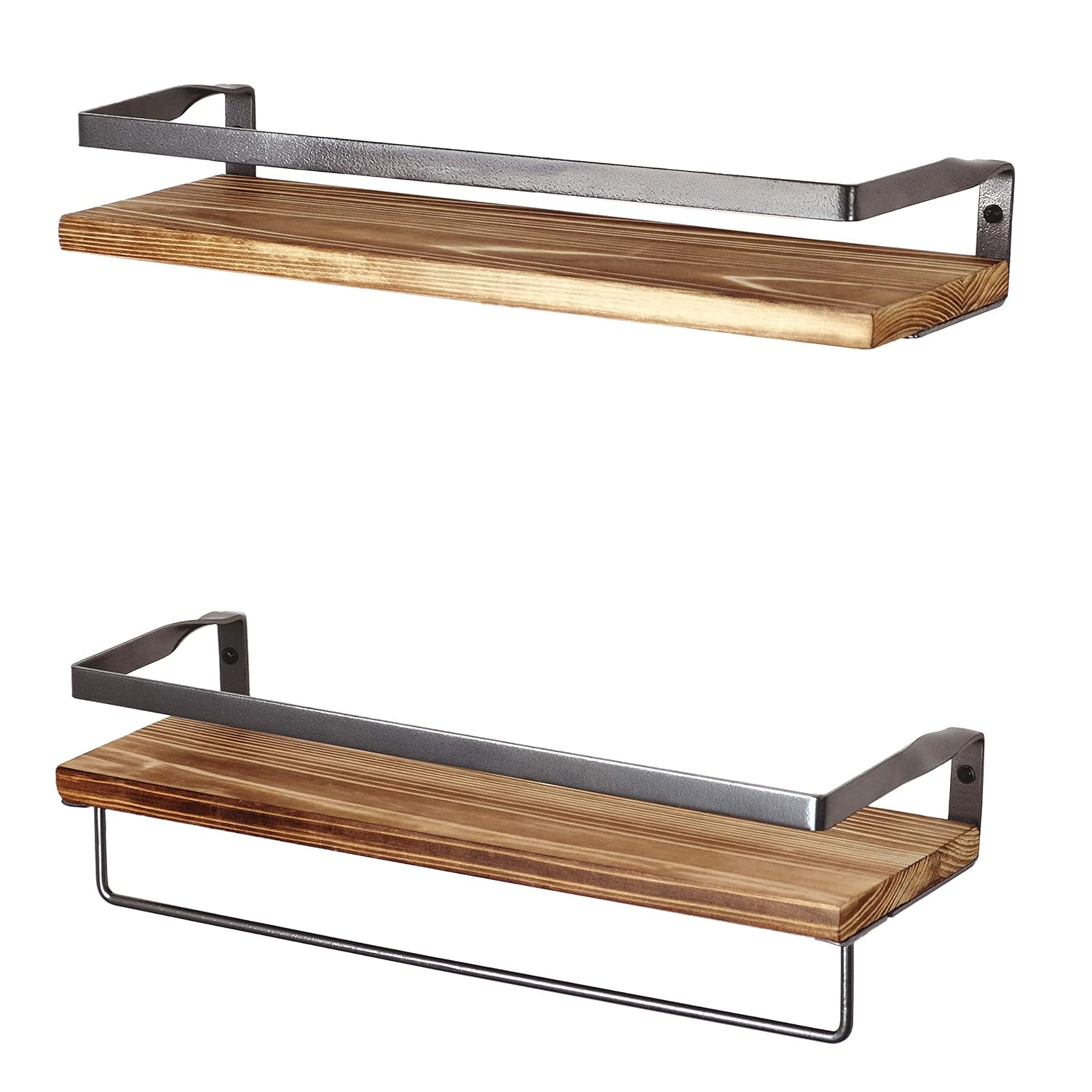 Peter's Goods Rustic Floating Wall Shelves with Rails - Decorative Storage for Kitchen, Bathroom, and Bedroom - Elegant, Modern Shelving - Torched Cedar Wood, Antiqued Black Silver Frame - Set of 2