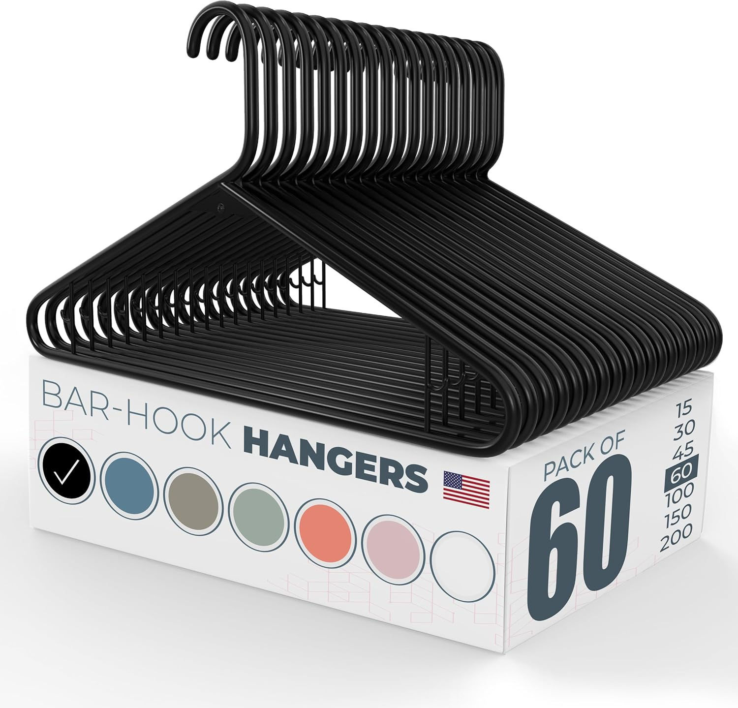 Made in USA Strong Clothes Hangers Bulk, 20-100 Pack Available, Heavy Duty Plastic Hanger for Closet and Clothing Hangars (60pk Black)