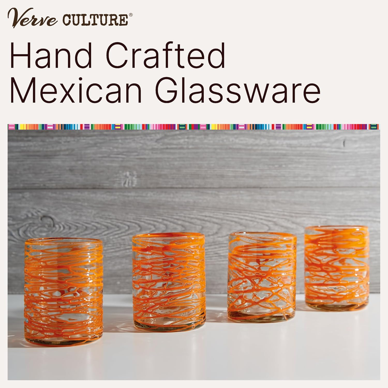 Verve CULTURE Hand Blown Drinking Glasses Set of 4 Orange Swirl Water Glasses | Authentic Mexican Glassware | 13 oz Capacity