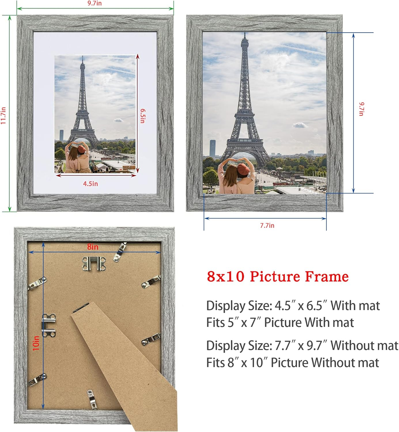 8x10 Picture Frame Set of 4, Made of Real Glass and Grey Wooden Frame, 8 by 10 Photo for Wall or Tabletop - Display Picture 5x7 with Mat or 8x10 Without Mat
