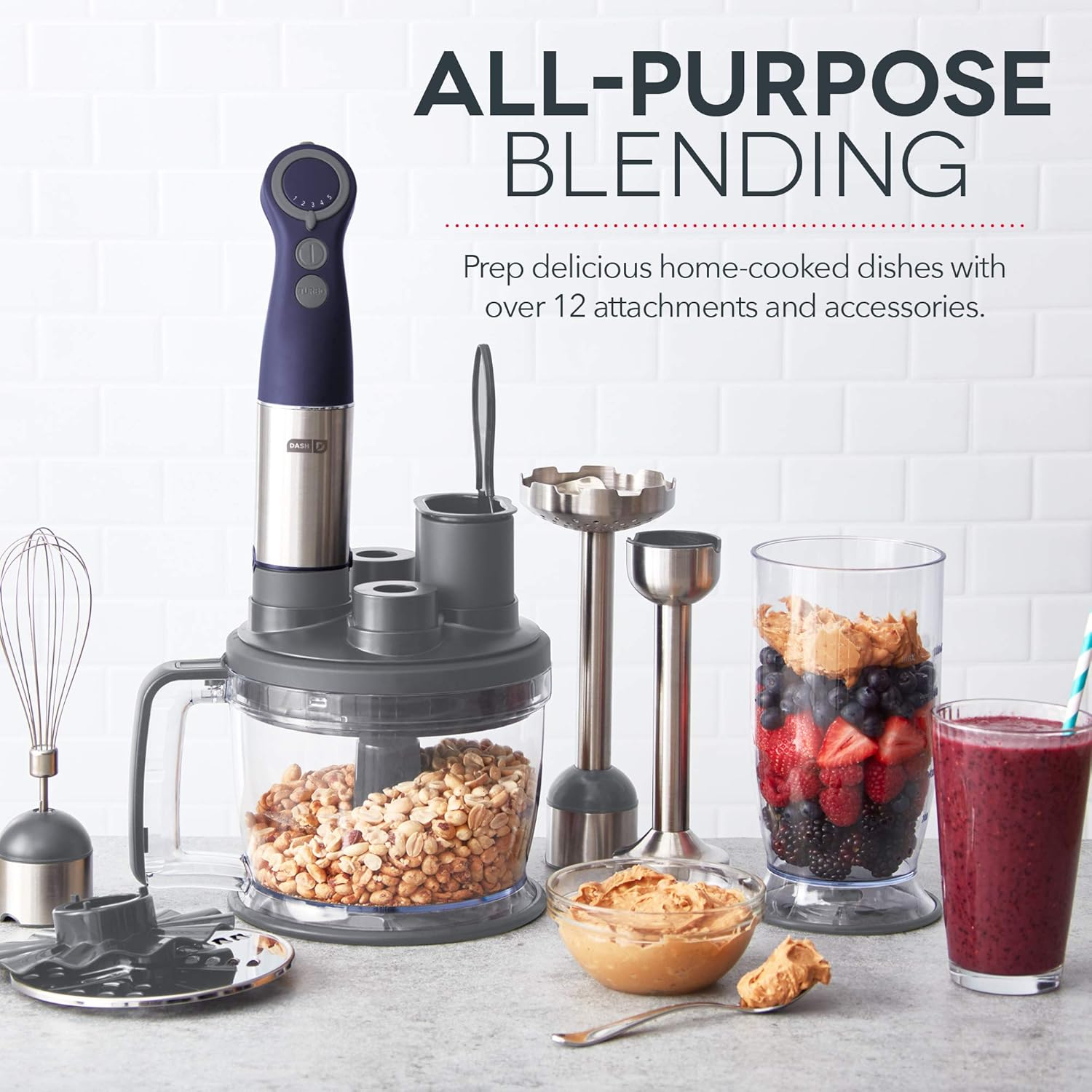 Dash Chef Series Deluxe Immersion Hand Blender, 5 Speed Stick Blender, Stainless Steel Blades, Dough Hooks, Food Processor, Grate, Mash, Slice, Whisk Attachments – Midnight - New