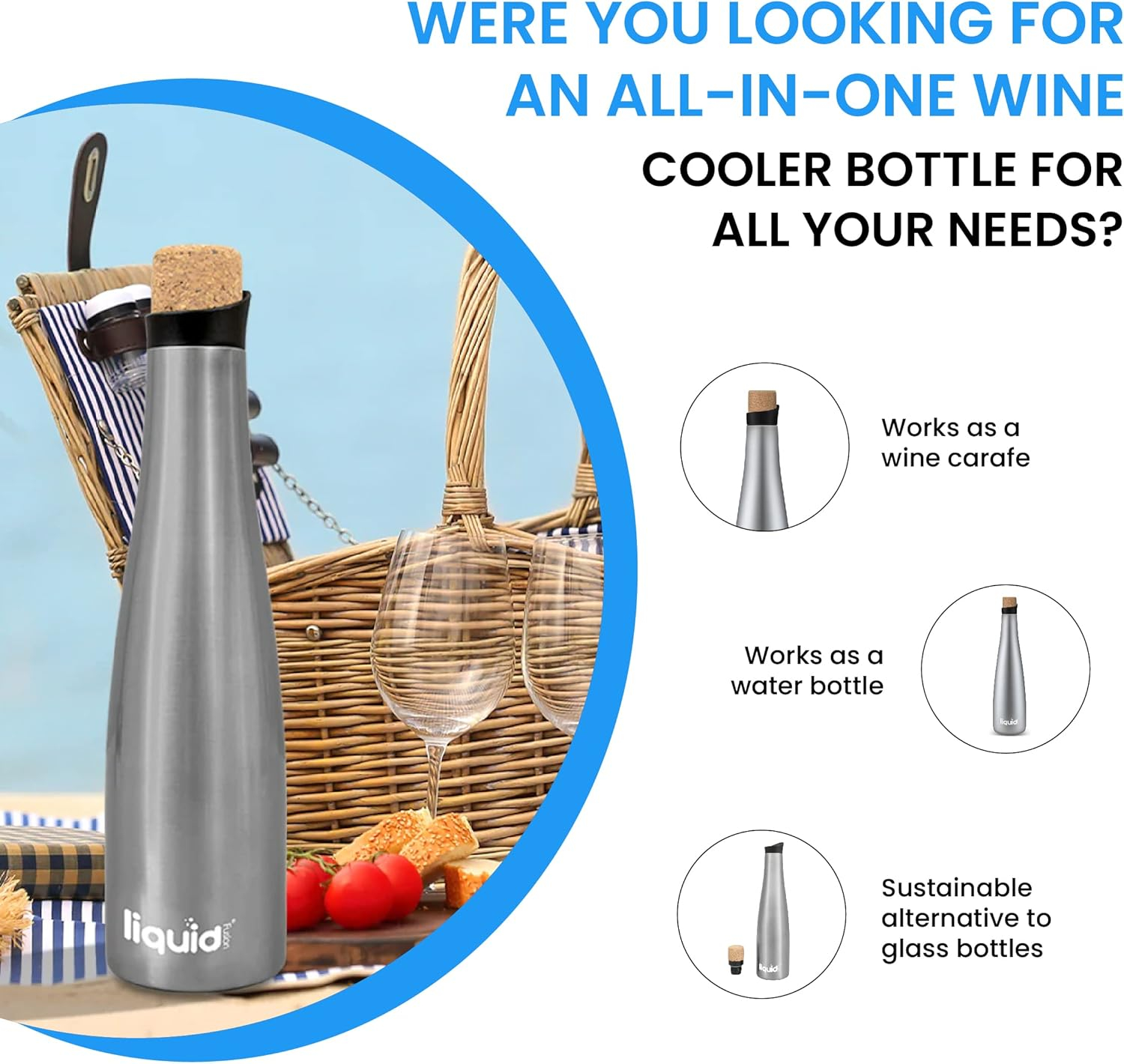 Silver Stainless Steel Insulated Wine and Water Bottle