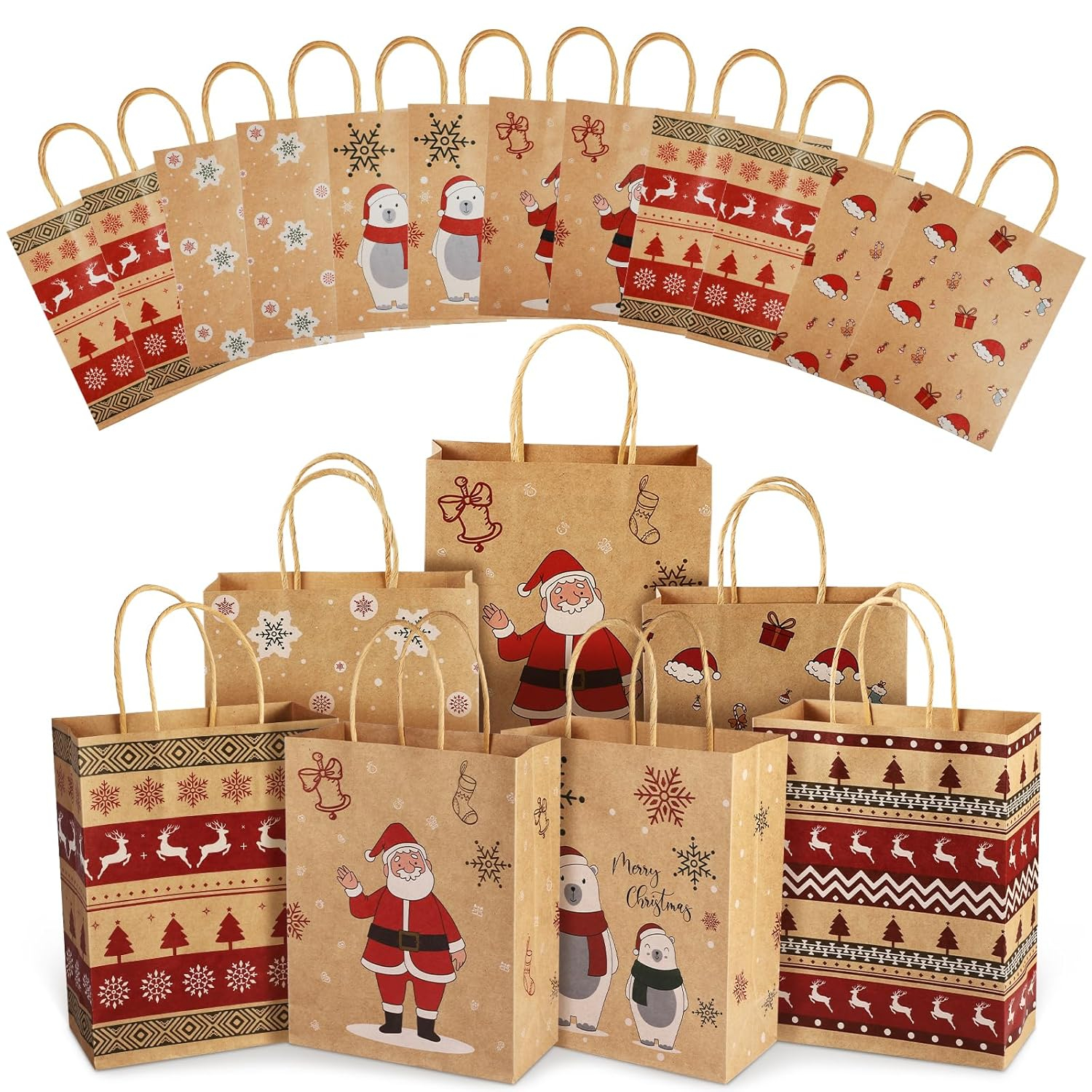 Christmas Gift Bags, 24 PCS Reusable Christmas Treat Bags, Paper Gift Bags with Handles & Christmas Prints, Christmas Bags for Gifts Holiday Gift Bags Xmas Gift Bags Party Favors, 7.08x3.5x8.85 Inch