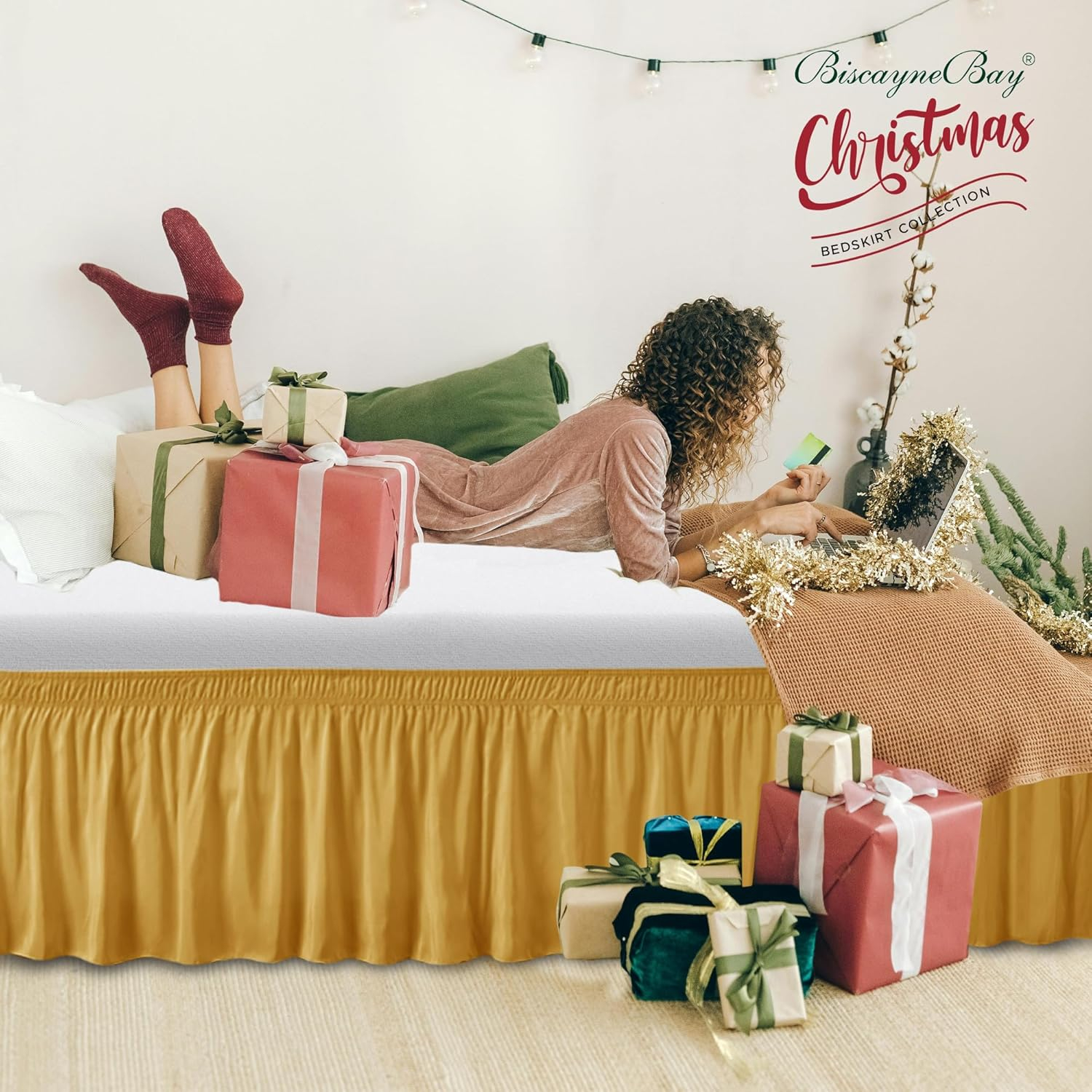 Biscaynebay Wrap Around Bed Skirts, Gold for Queen Size Beds 15 Inches Drop, Elastic Dust Ruffles, Easy Fit Wrinkle & Fade Resistant Silky Luxurious Fabric