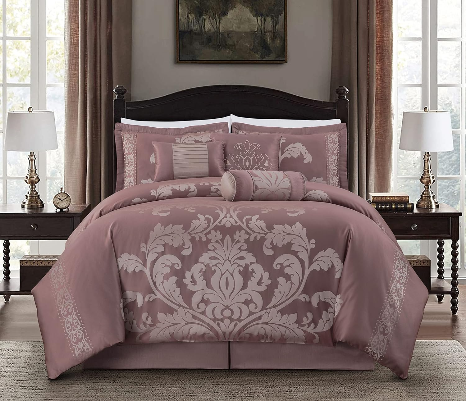 Full Size Woodrose and Gray Jacquard Floral Comforter Set