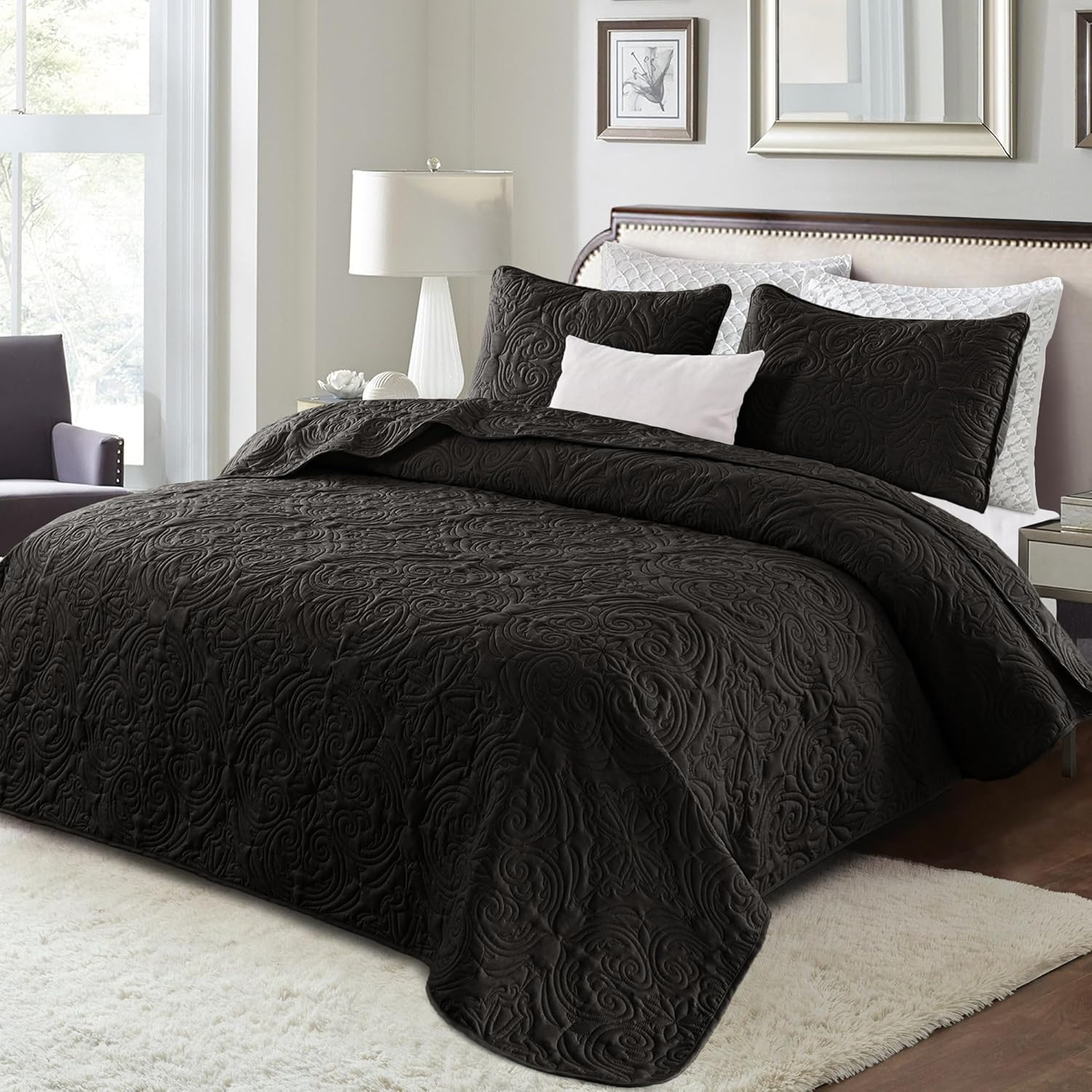 Exclusivo Mezcla Queen Quilt Bedding Set, Lightweight Vintage Queen Size Quilts with Pillow Shams, Soft Bedspreads Coverlets for All Seasons (96"x90", Black)
