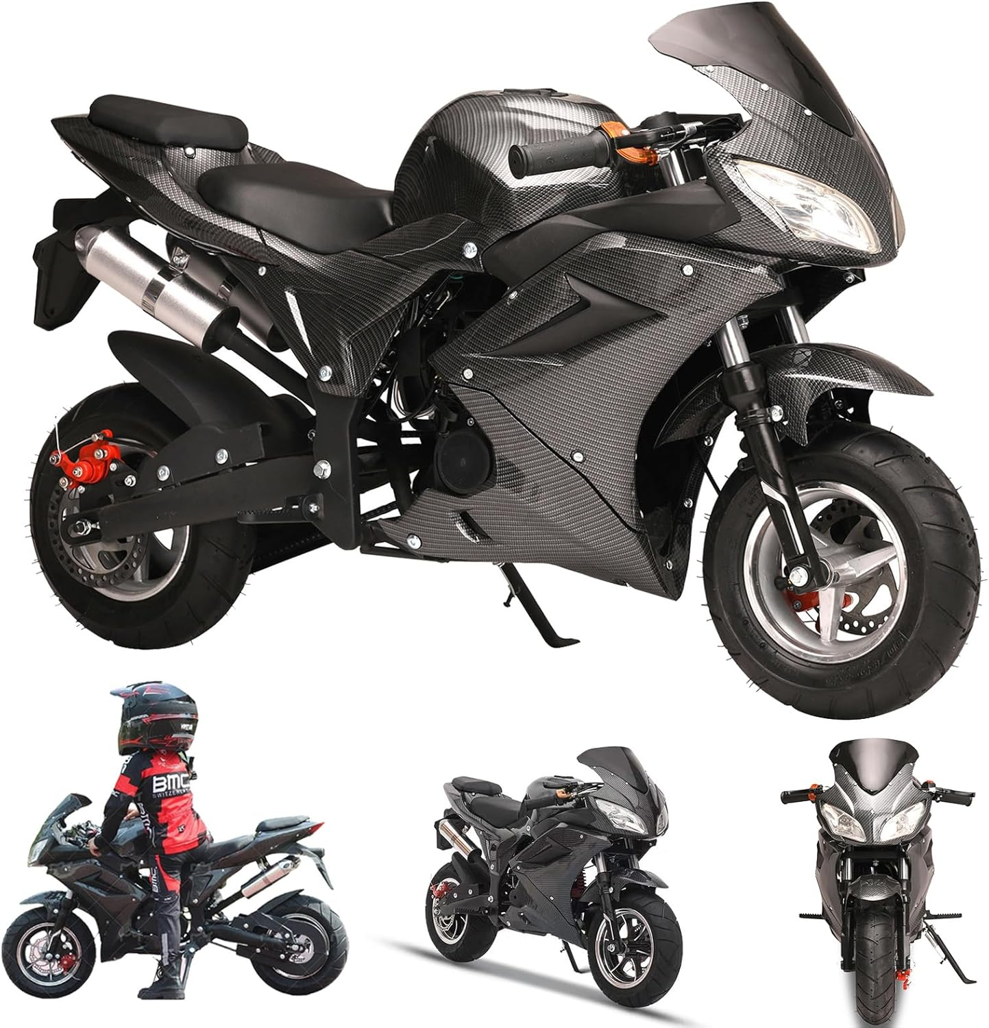 Mini Pocket Bike Motorcycle 49cc 4-Stroke Gas Bike Motorbike with Front Rear Disc Brakes, Gas Pocket Motorbike Racing Max Speed 25MPH, Dual Headlights Black