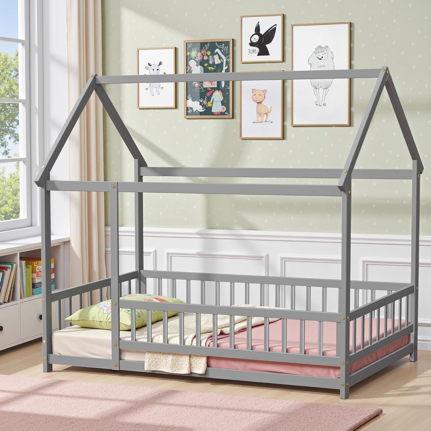 Twin Floor Bed for Kids, Wooden House Bed Frame with Roof, Fence Guardrails, Montessori Bed for Toddlers Girls Boys, Gray
