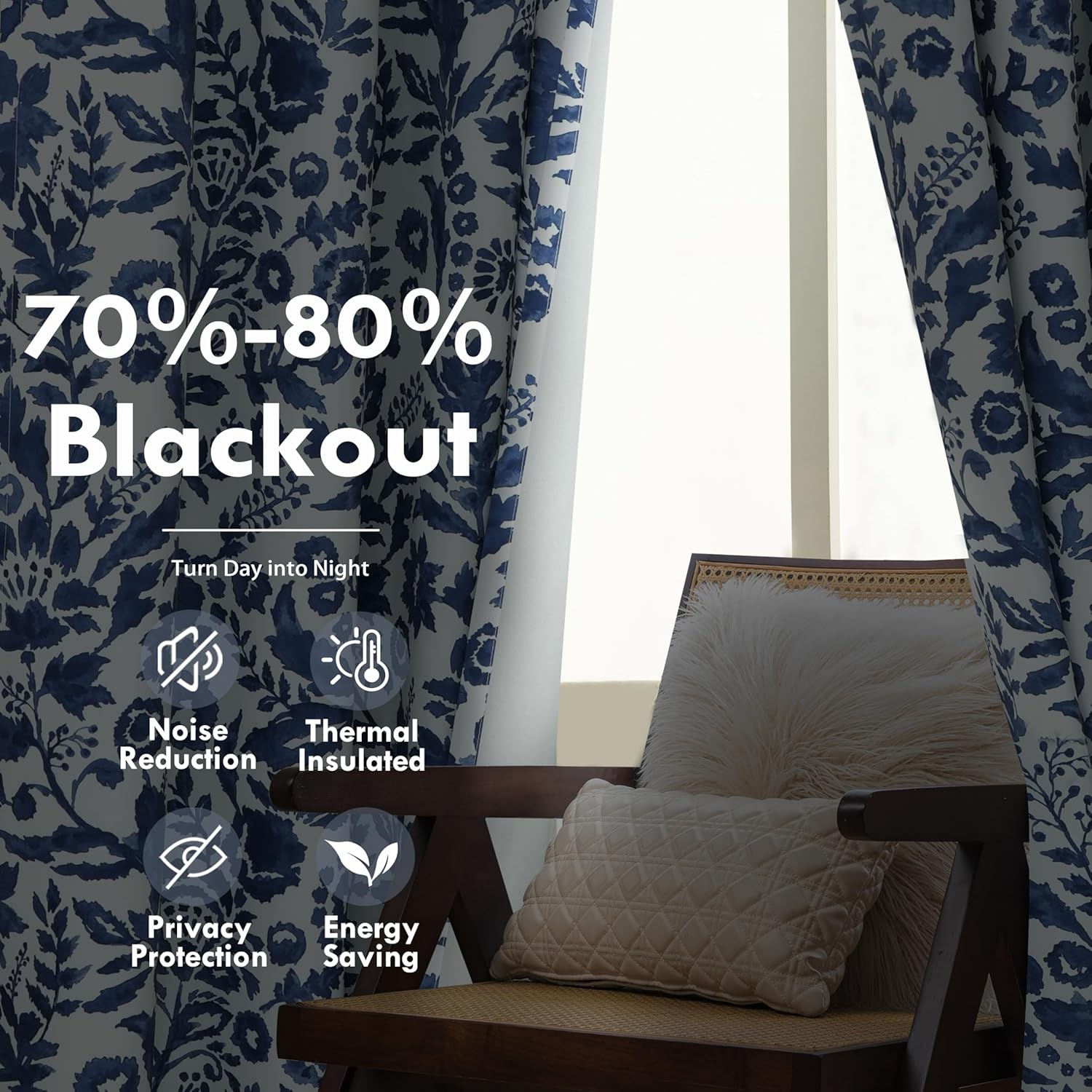 DriftAway Julia Watercolor Blackout Room Darkening Grommet Lined Thermal Insulated Energy Saving Window Curtains 2 Layers 2 Panels Each Size 96"L x 52"W Navy