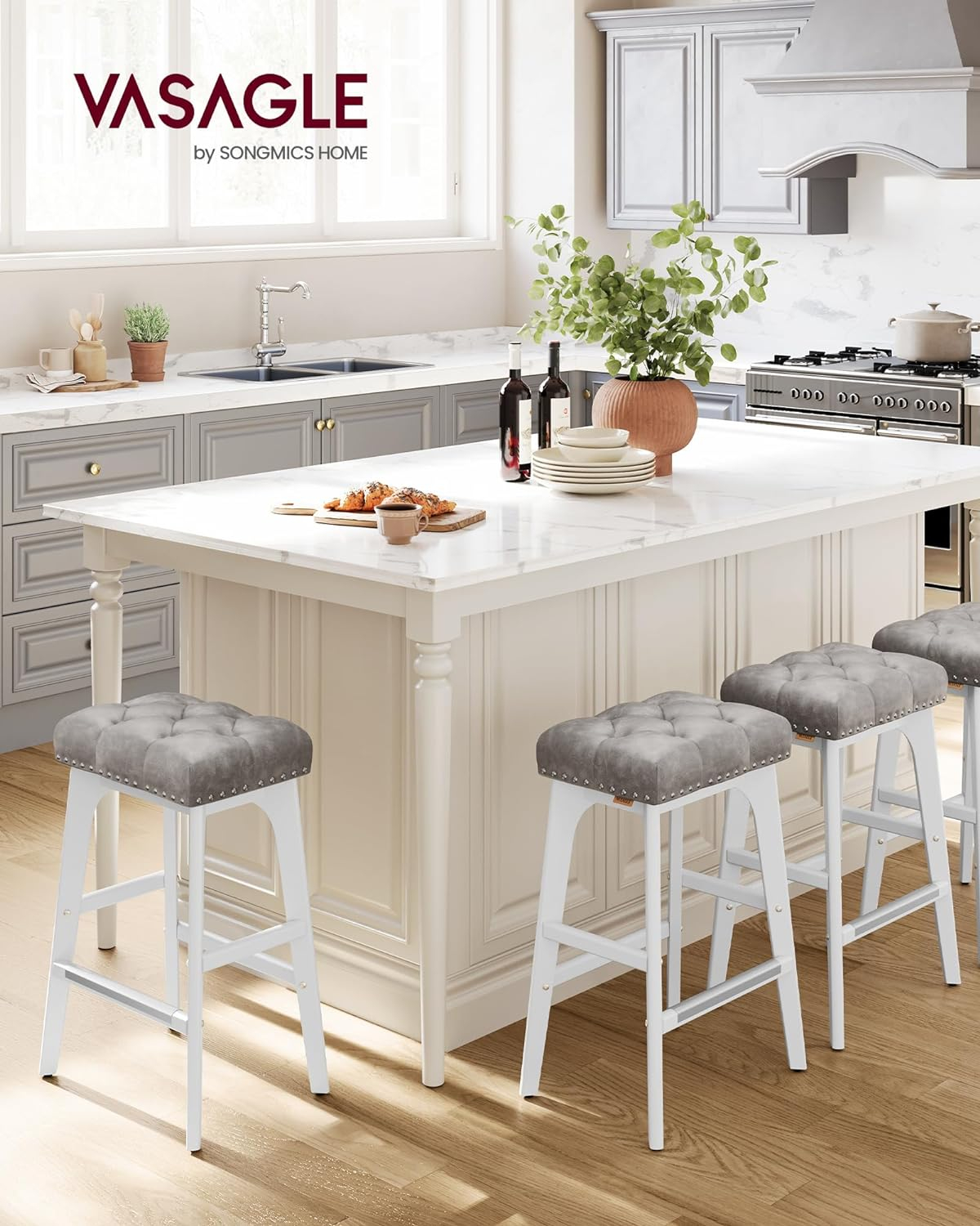 Killeryuki Bar Stools Set of 2, Counter Height Bar Stools, 26-Inch Kitchen Counter Stools with Wooden Legs, PU Leather Barstools Upholstered Stools for Kitchen Island Dining Room, Gray ULBC085G01