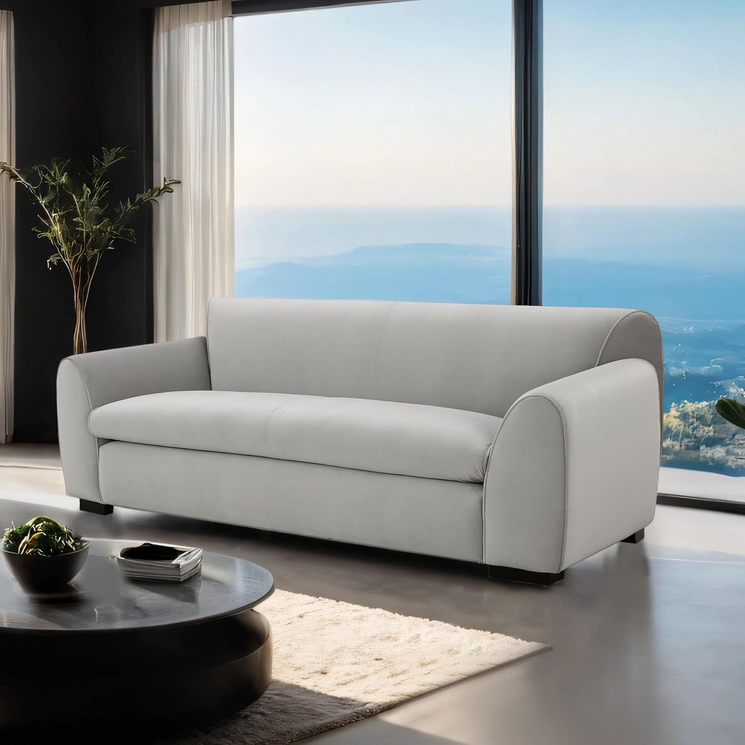 Light Grey Velvet Sofa with Solid Wood Bracket Legs