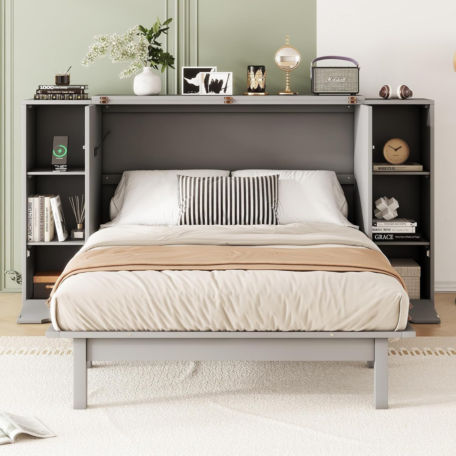 Full Size Murphy Wall Bed With Storage and Bookcase Headboard, Solid Wood Cabinets With Shelves, Drawers and USB Ports, Multi-Function Platform for Home Office, Guest Room - Gray