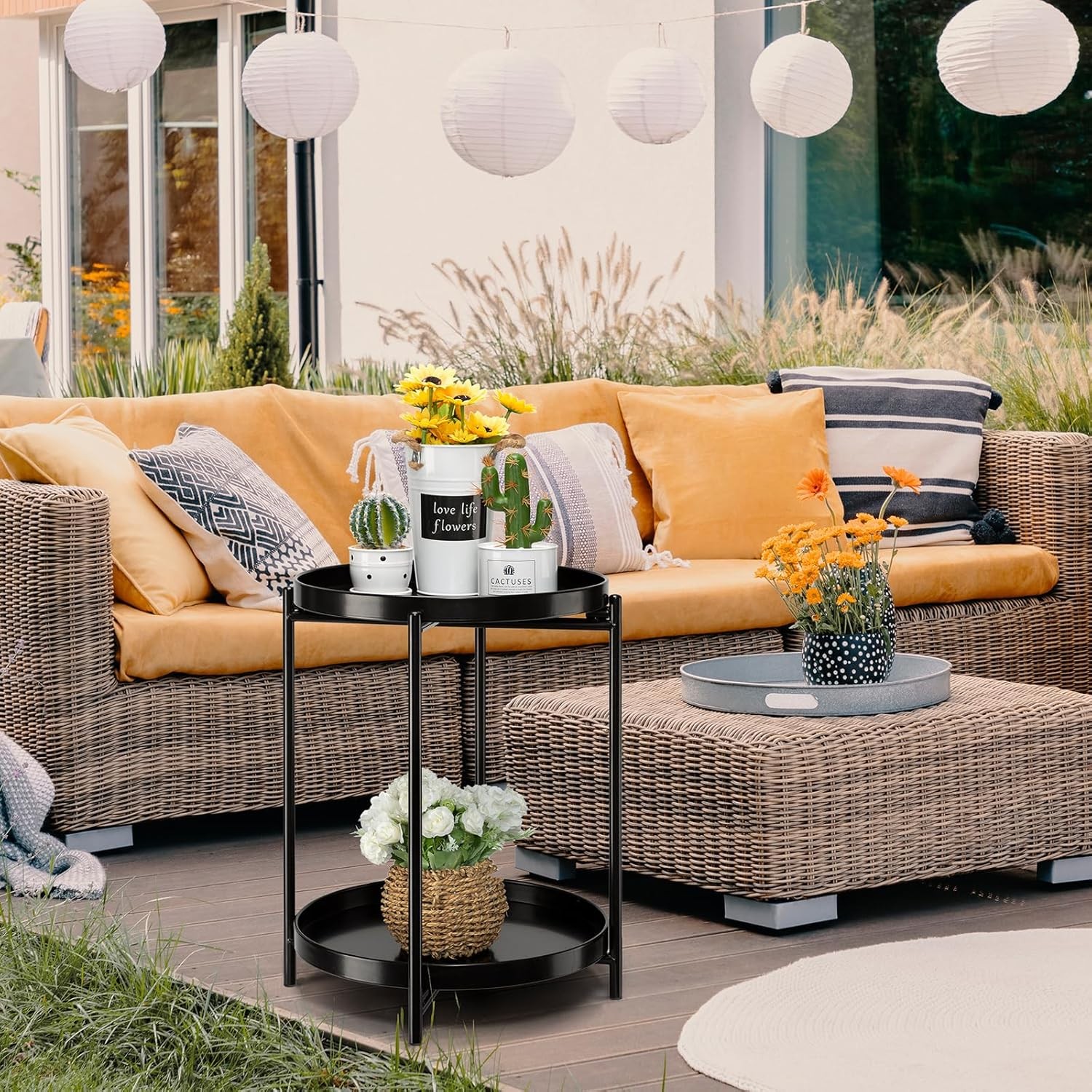 danpinera 2-Tier Round Side Table, Metal End Table with Removable Tray, Small Outdoor Table Accent Table, Anti-Rust Black Nightstand for Bedroom Balcony Patio (Black)