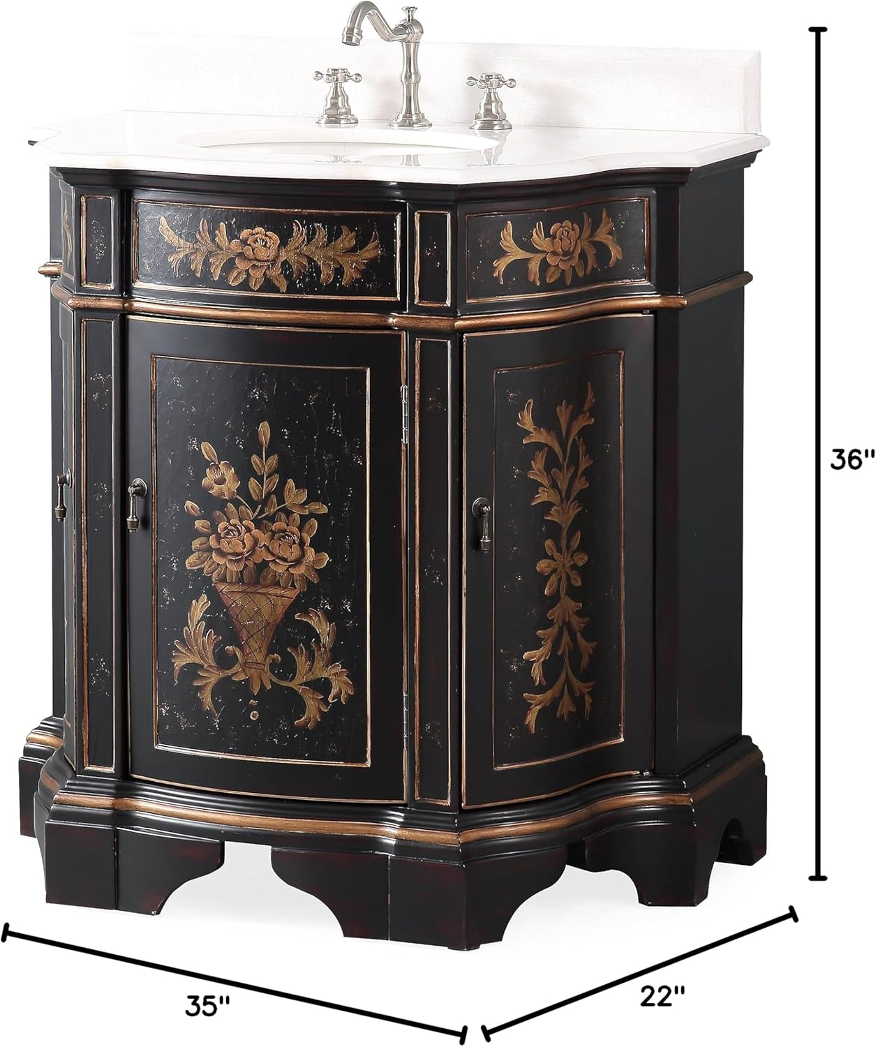 35" Black and Gold Hand-Painted Floral Bathroom Vanity with Marble Top
