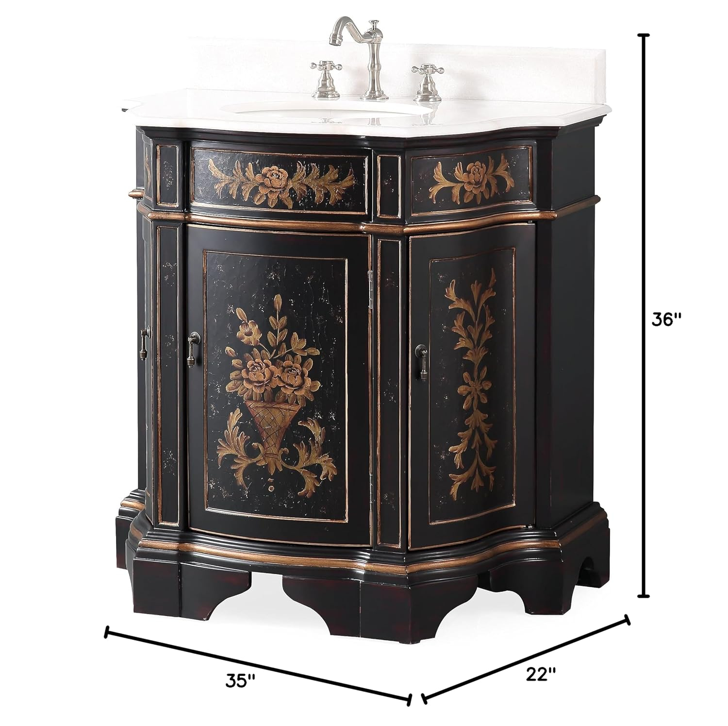 35" Black and Gold Hand-Painted Floral Bathroom Vanity with Marble Top