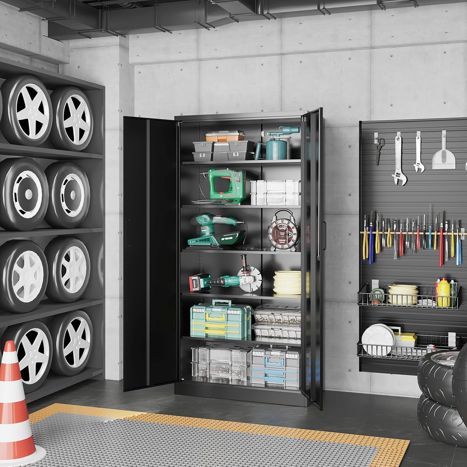 Metal Storage Cabinets with Lock, 71" Garage Storage Cabinet with 2 Door and 5 Adjustable Shelves, Steel Lockable Tool Cabinets for Home, Office, Gym, Garage