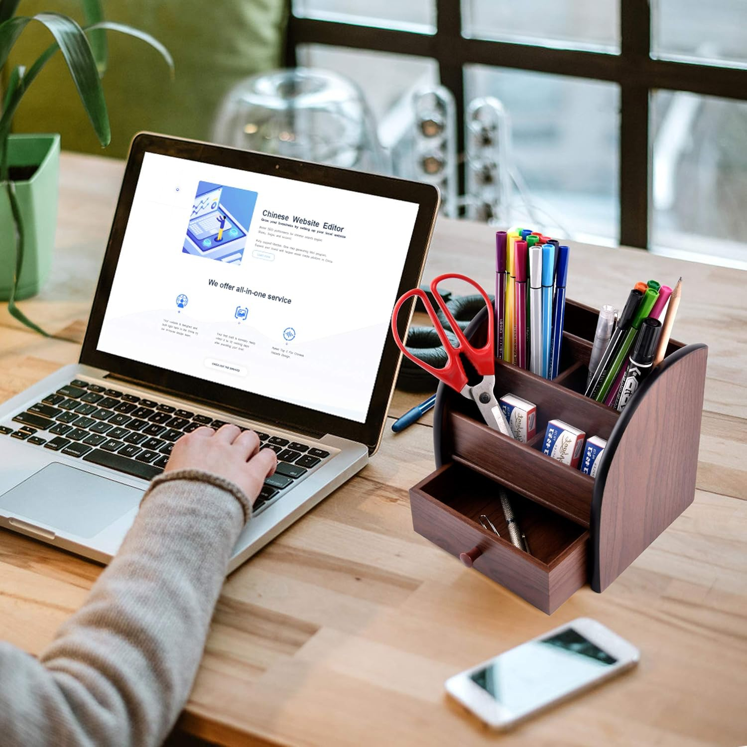 Wooden Desktop Organizer with Drawer, Multifunctional Office Supply Storage - Remote Control Caddy Holder