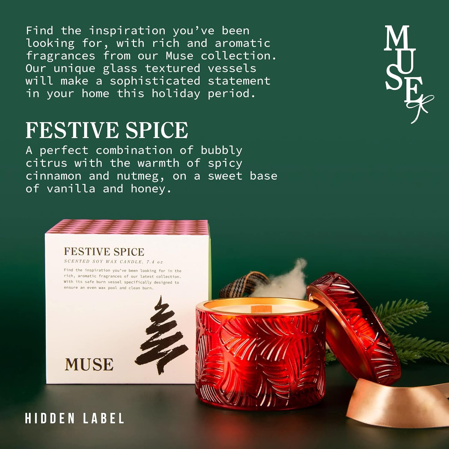 Hidden Label Christmas Candle,Festive Spice Scented Candles, Crackling Wood Wick Soy Candles, 7.4oz Glass Jar Decorative Candles, Candles Gifts for Women
