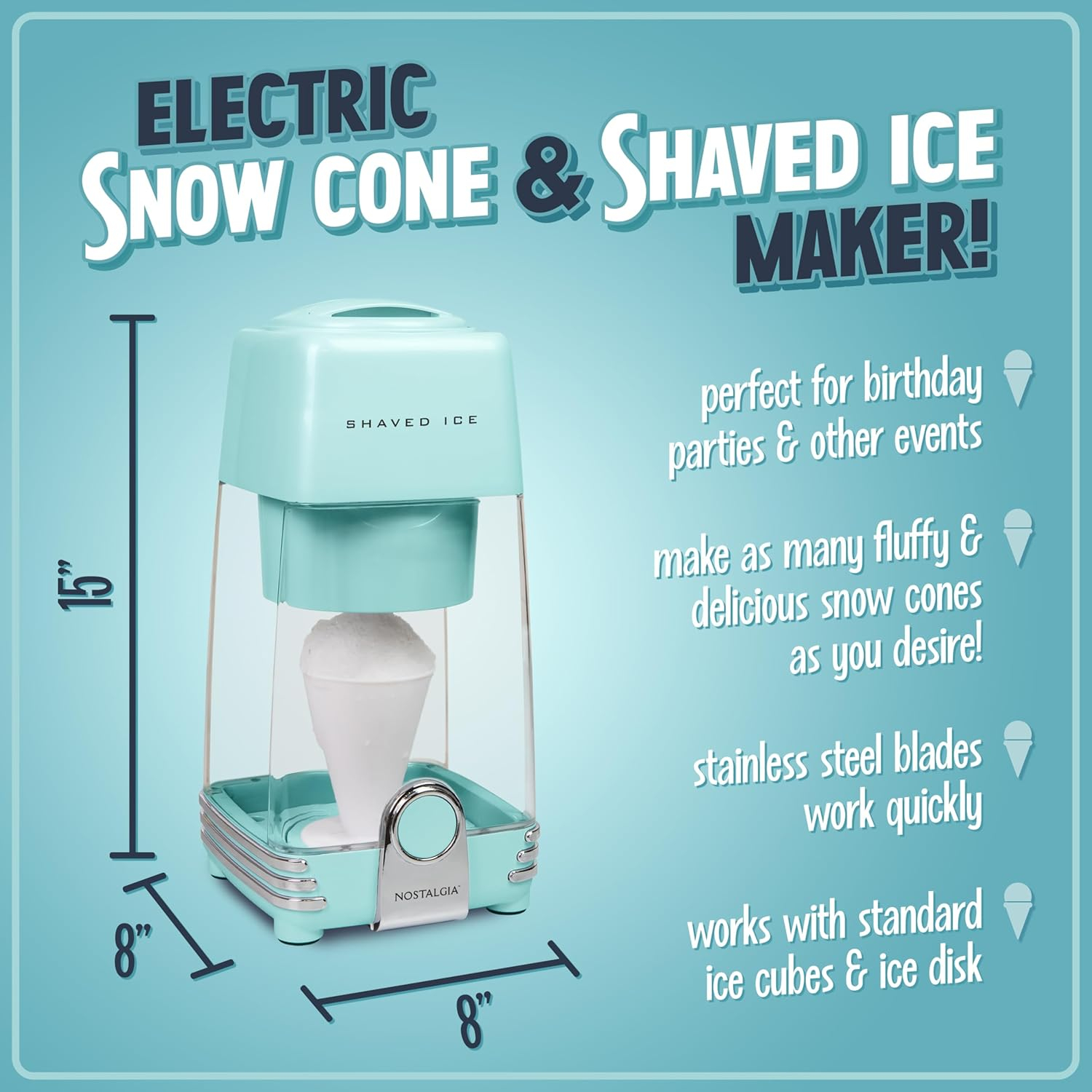 Nostalgia Retro Electric Table-Top Snow Cone Maker, Vintage Shaved Ice Machine Includes 1 Reusable Plastic Cup and Ice Mold, Aqua
