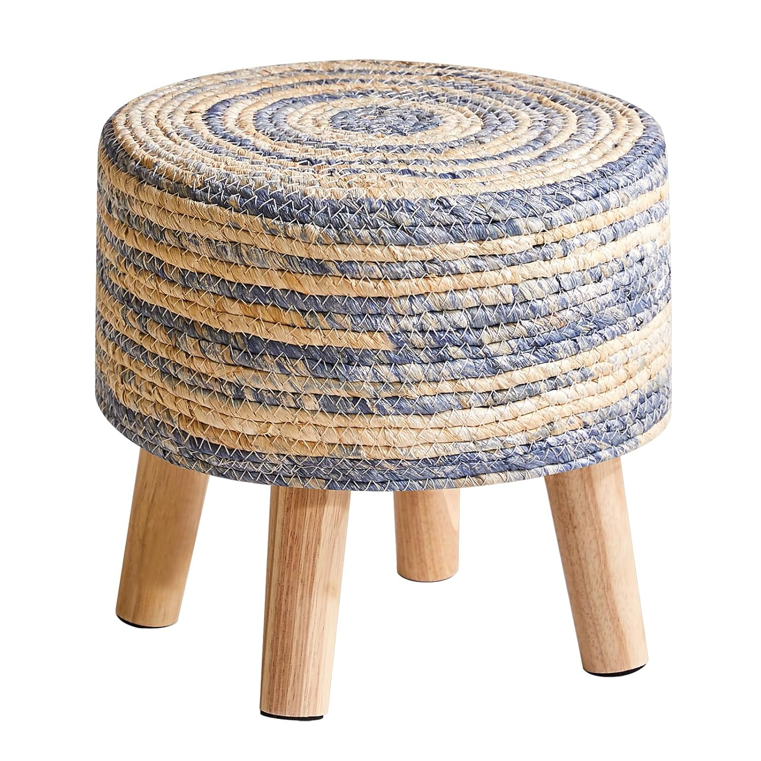 YMYNY Foot Stool Natural Seagrass Hand Weave, 12.6" Small Ottoman, Round Footrest for Living Room, Bedroom, Entryway, Change Shoes Stool, Non-Skid Wood Legs, Boho, Blue+White UHBD027QW
