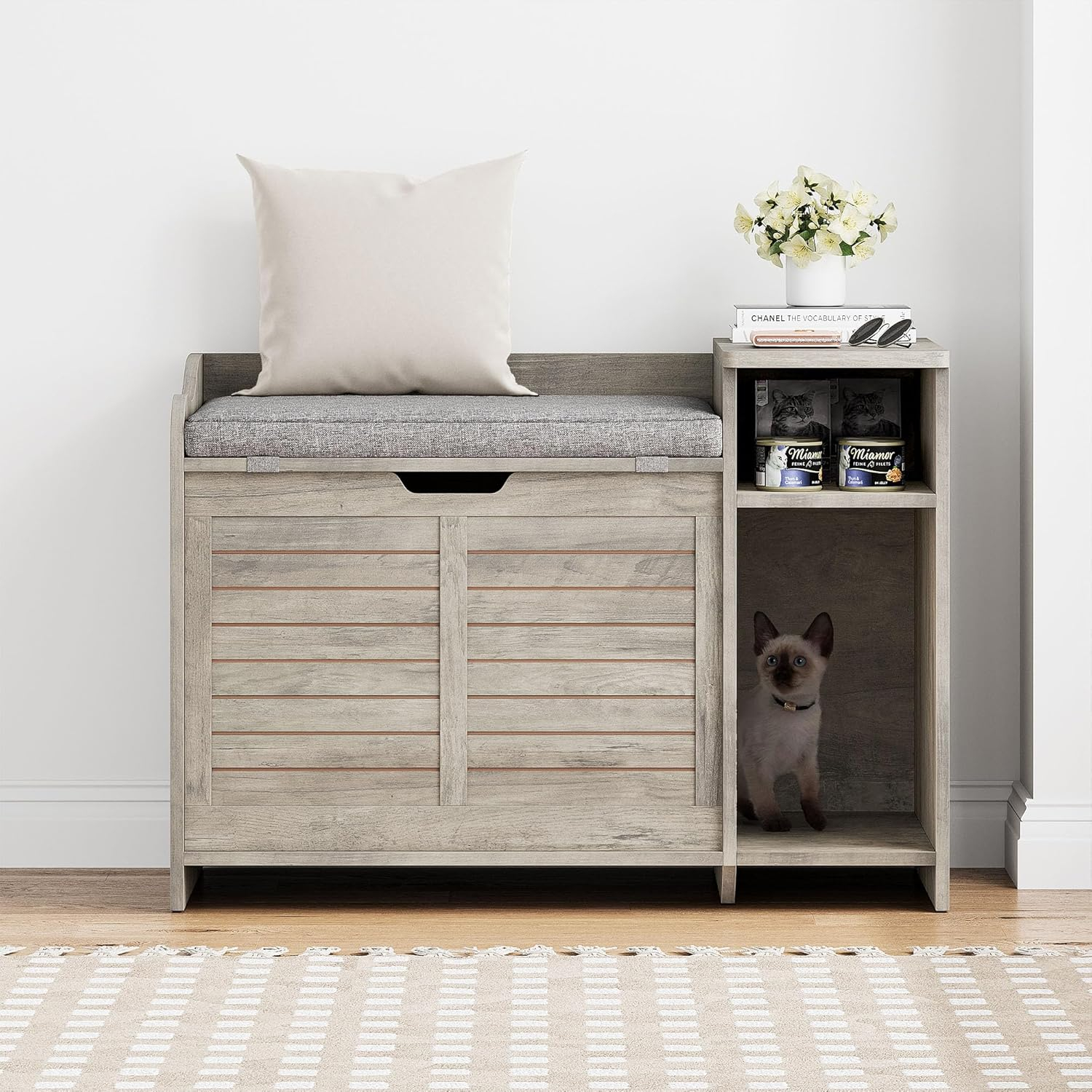 Litter Box Enclosure with Top Opening with Cushion, Cat Litter Box Furniture Hidden, Litter Box Hidden, Cat House, Privacy Cat Litter Box Cabinet Grey