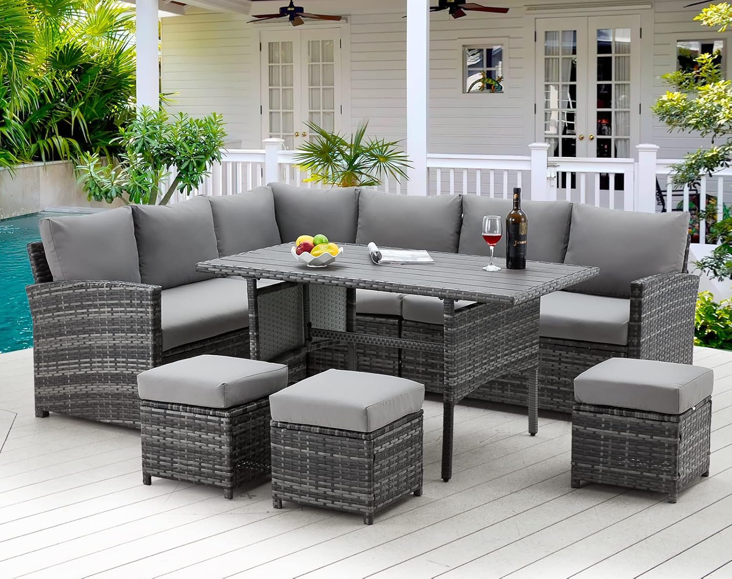 AECOJOY Patio Furniture Set, 7 Pieces Outdoor Patio Furniture with Dining Table&Chair, All Weather Wicker Conversation Set with Ottoman, Grey Rattan&Grey Cushion