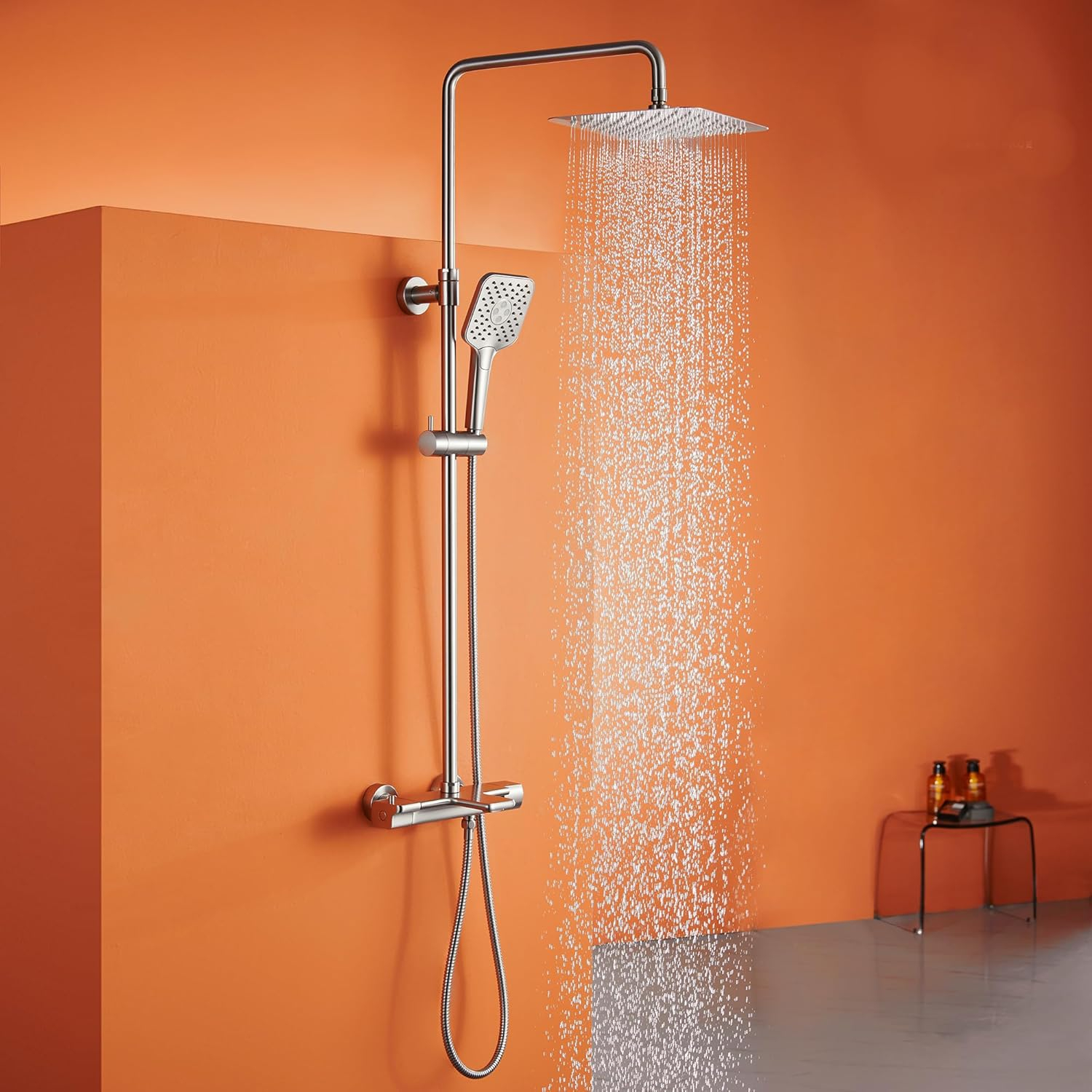 4-Spray Patterns 9.8 in. Thermostatic Tub Wall Mount Dual Shower Heads Shower Faucet in Brushed Nickel