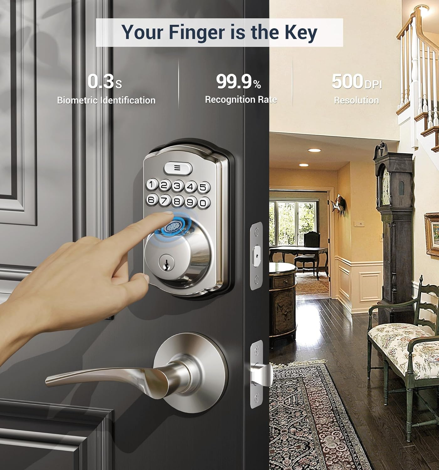 Satin Nickel Electronic Keypad Deadbolt with Fingerprint Sensor