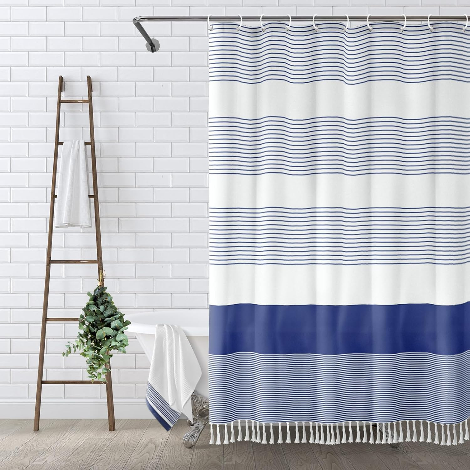 bufftieo Navy Blue and White Shower Curtain for Bathroom Boho Striped Fabric Modern Farmhouse Tassel Shower Curtain Sets - 72" x 72"