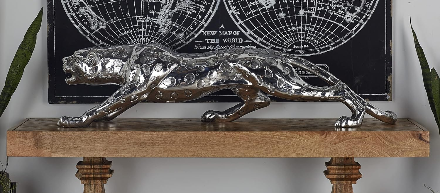 Deco 79 Polystone Leopard Decorative Sculpture Home Decor Statue, Accent Figurine 48" x 11" x 12", Silver