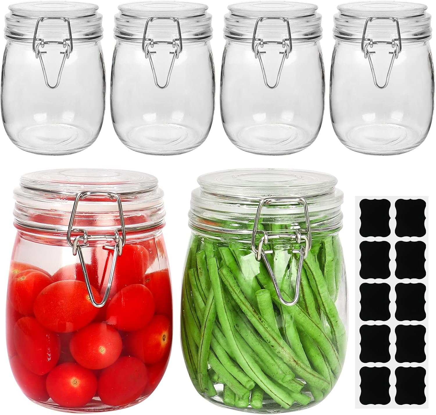 25 oz 6 Pack Clear Glass Jars With Airtight Lids and Leak Proof Rubber Gasket, 750ml Wide Mouth Storage Containers Preserving Jars, Mason Jars With Hinged Lids For Kitchen Storage Canisters